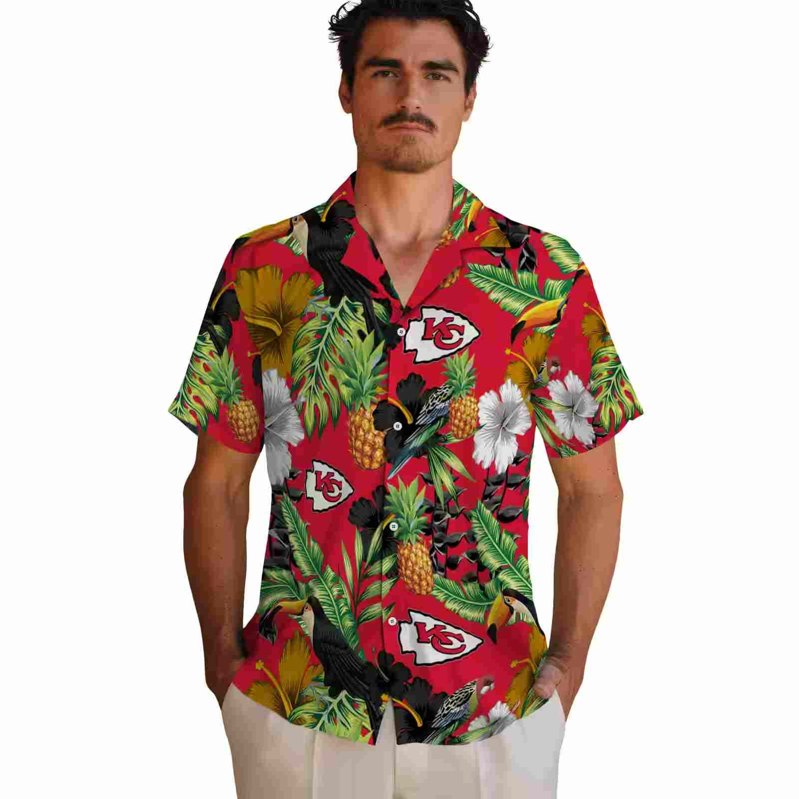 kansas city chiefs toucan hibiscus pineapple red green hawaiian shirt fashion forward