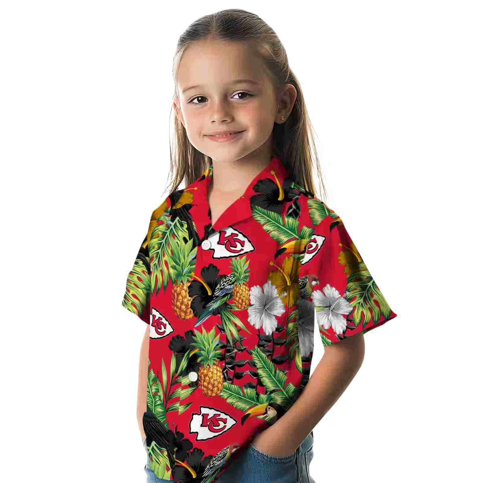 kansas city chiefs toucan hibiscus pineapple red green hawaiian shirt premium grade