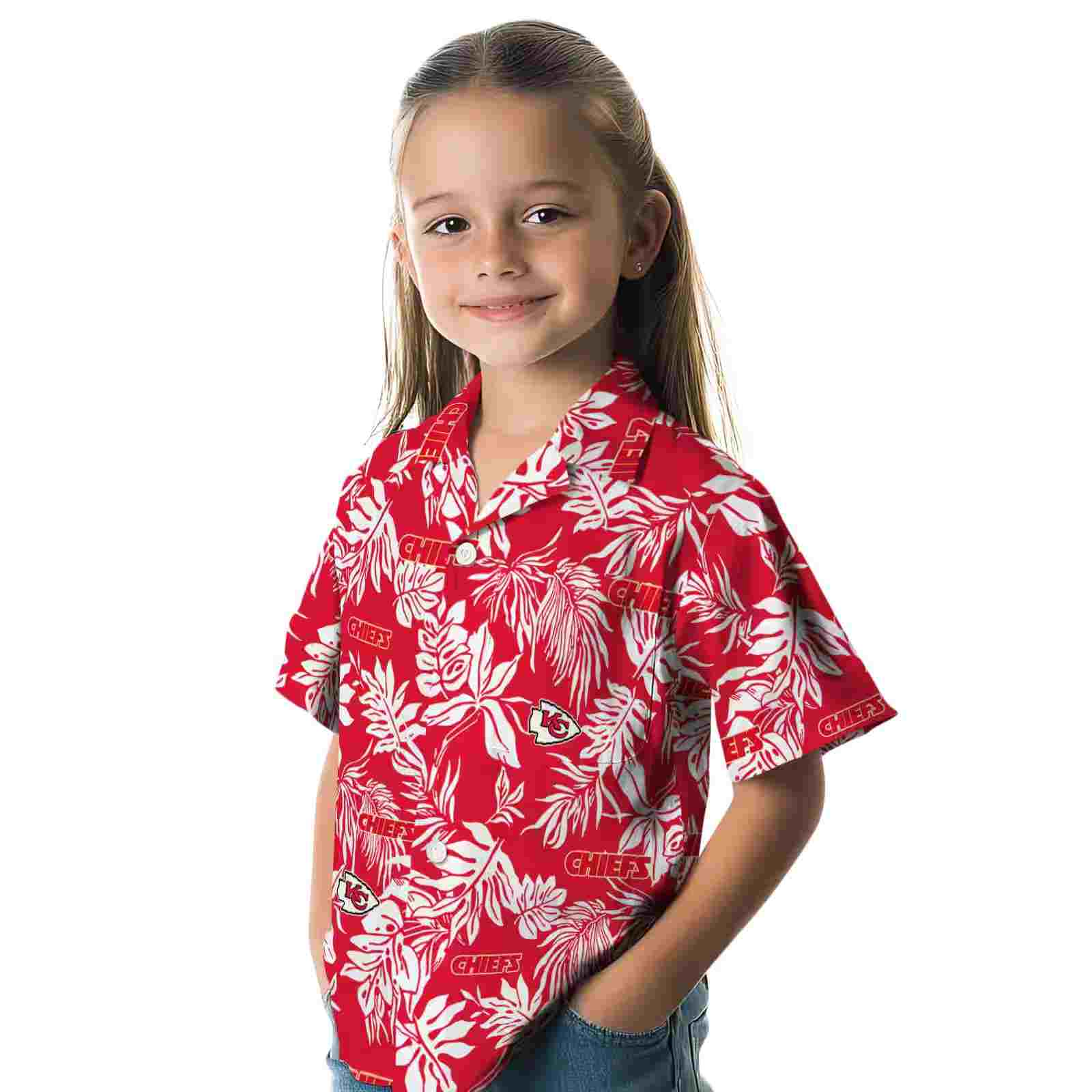 kansas city chiefs tropical leaf red white hawaiian shirt premium grade