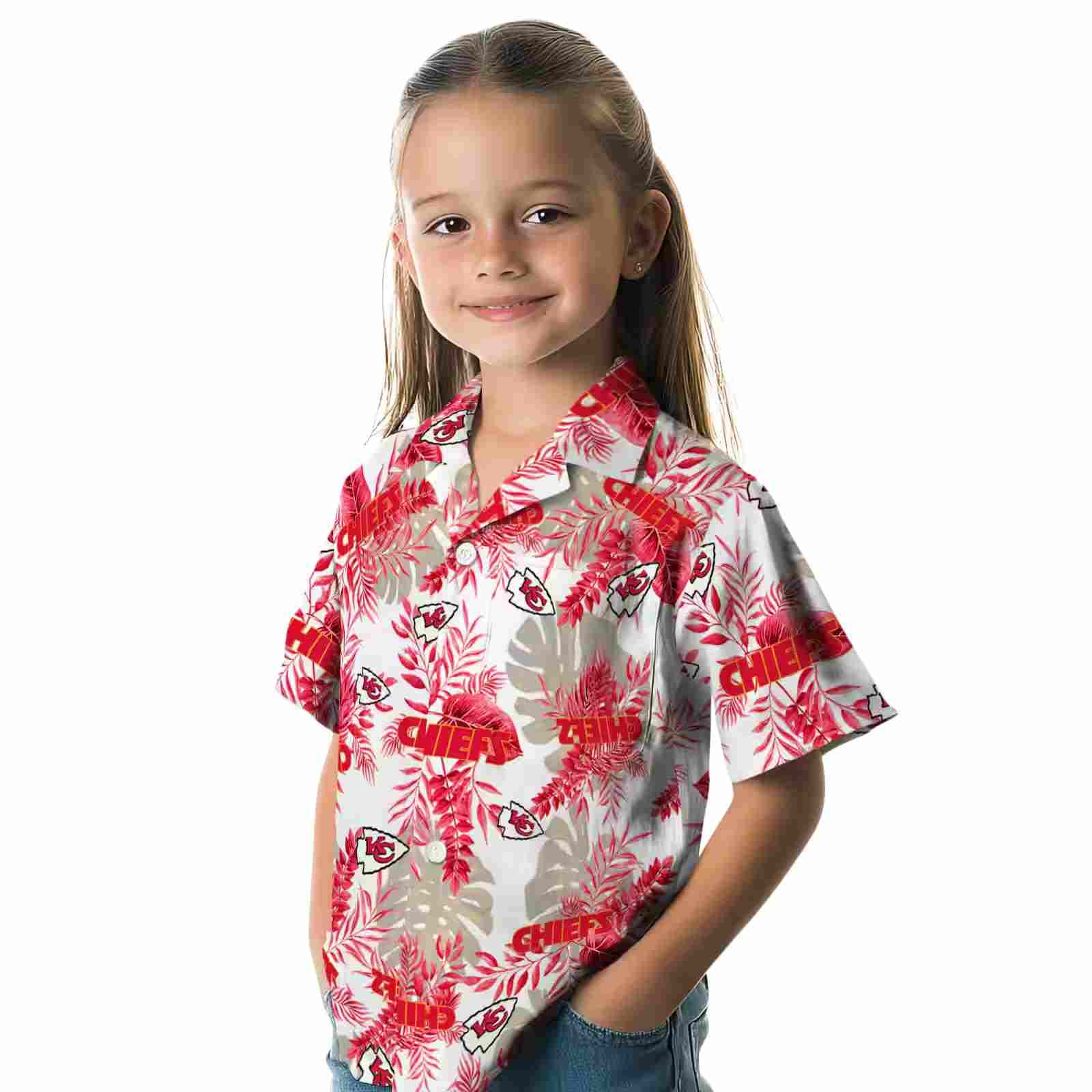 kansas city chiefs tropical leaves red white hawaiian shirt premium grade