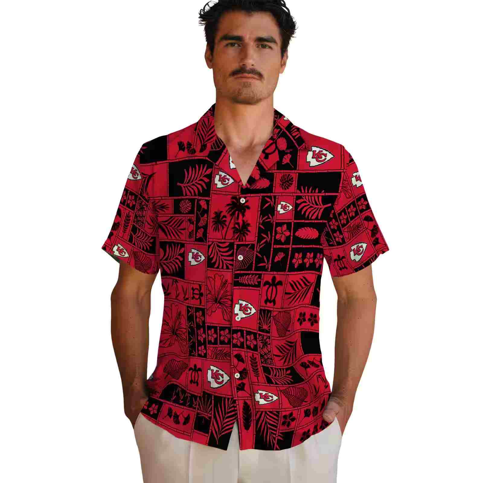 kansas city chiefs tropical patchwork red black hawaiian shirt fashion forward