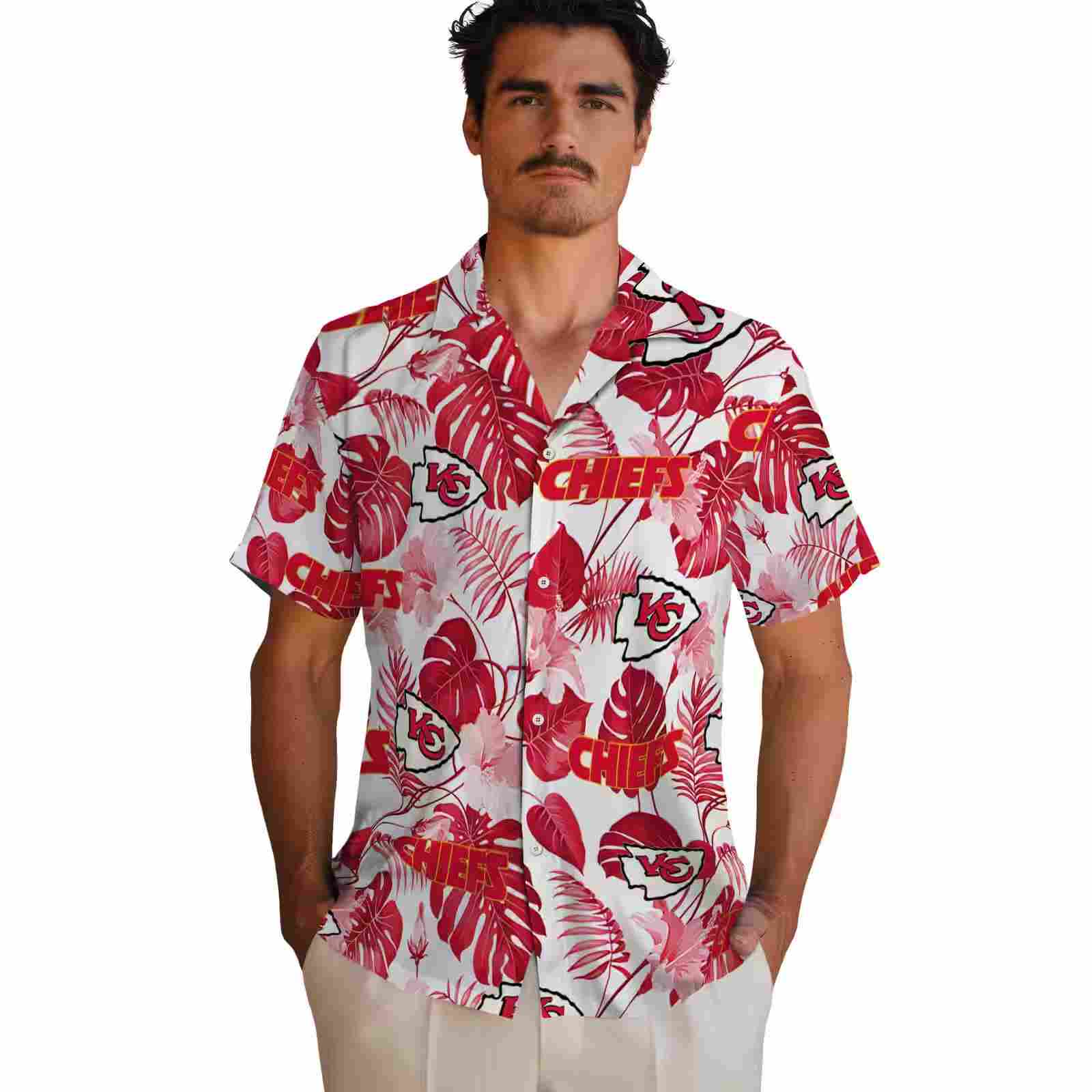 kansas city chiefs tropical plants red white hawaiian shirt fashion forward