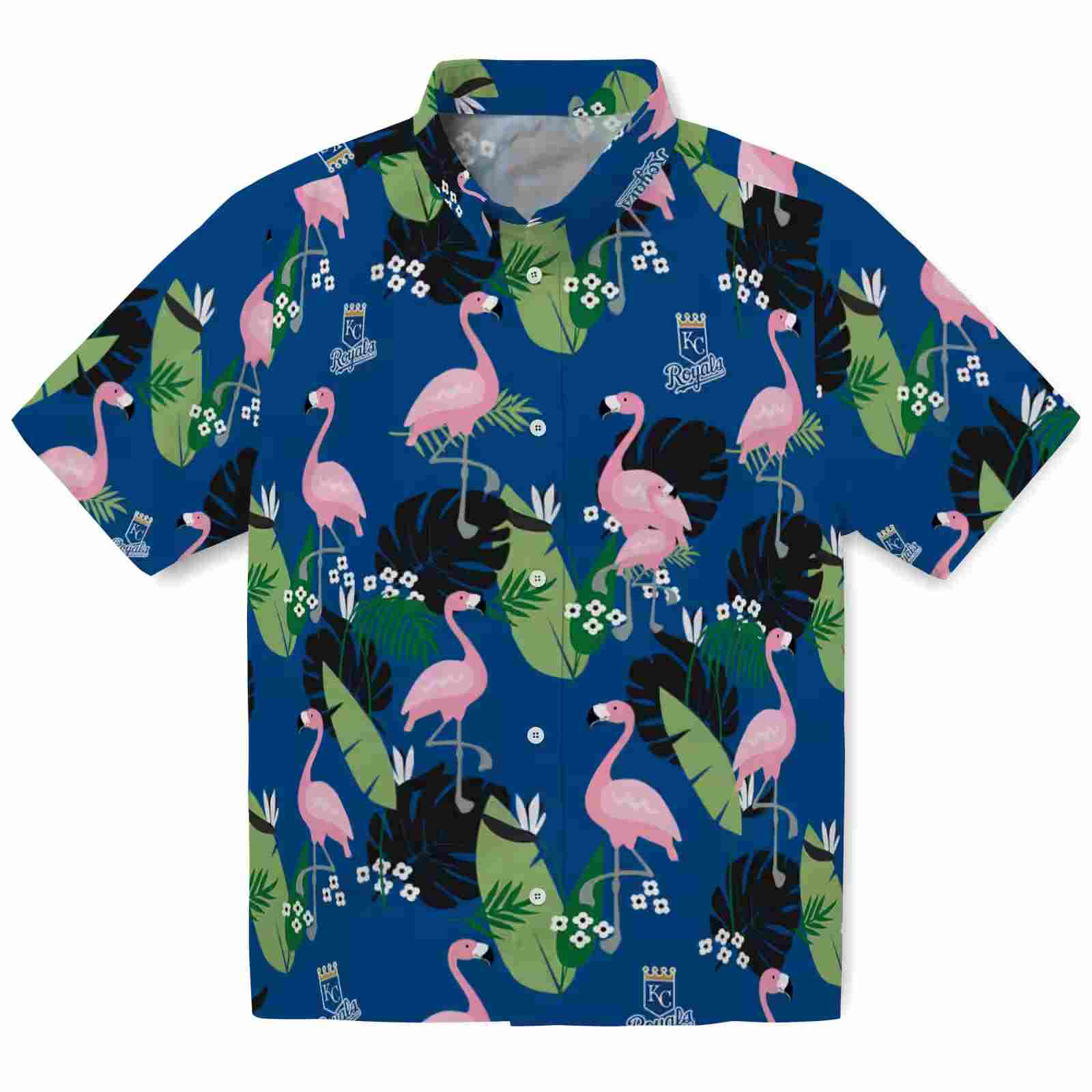 Kansas City Royals Flamingo Leaf Motif Royal Blue Hawaiian Shirt