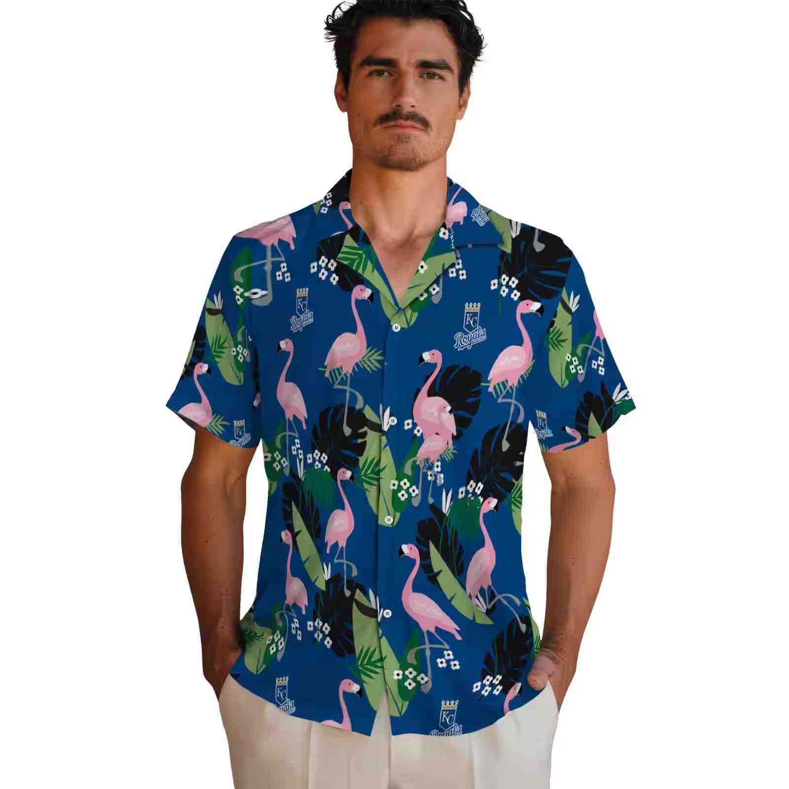 kansas city royals flamingo leaf motif royal blue hawaiian shirt fashion forward