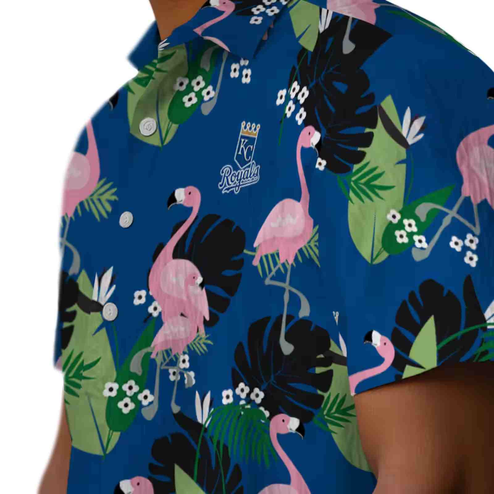 kansas city royals flamingo leaf motif royal blue hawaiian shirt trendy