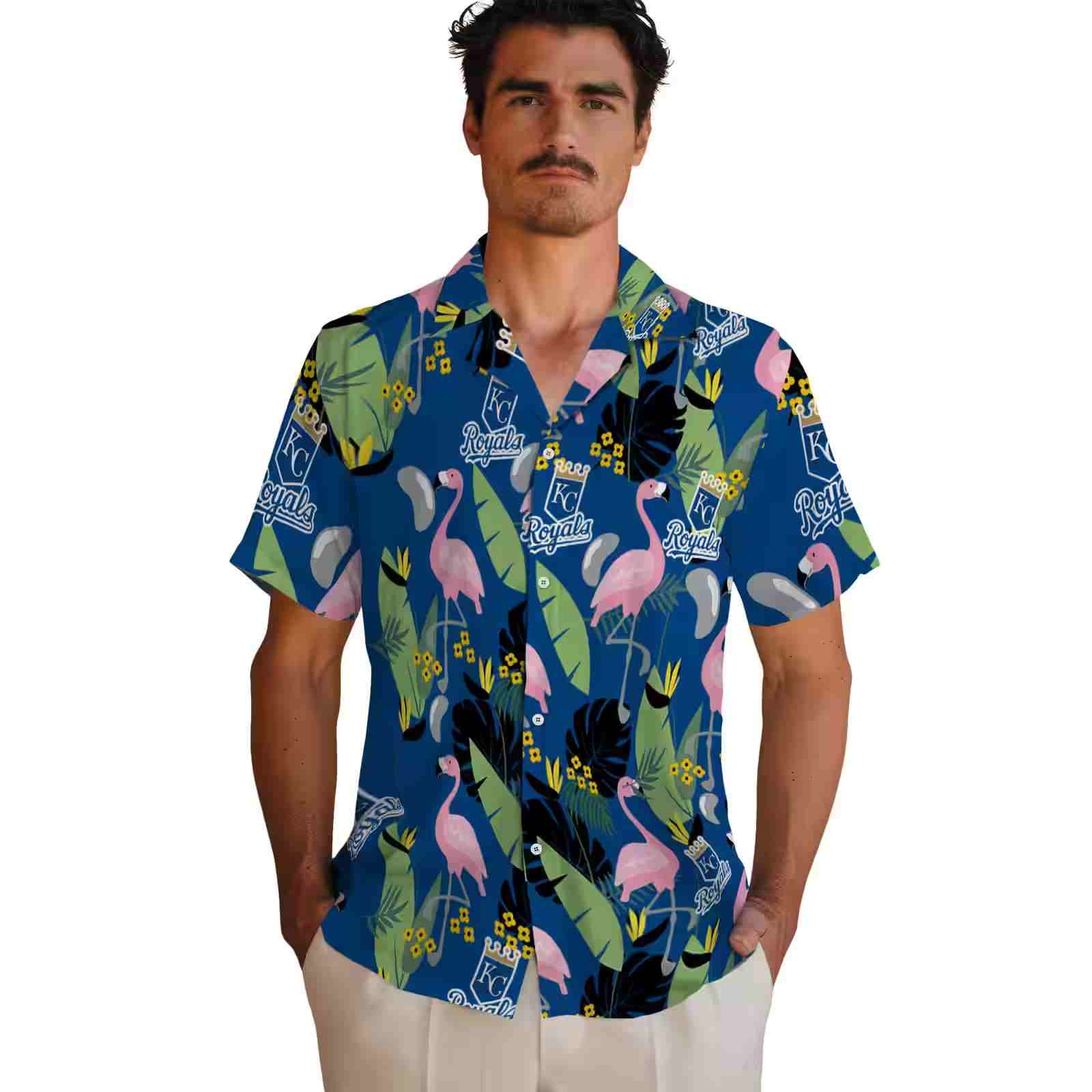 kansas city royals flamingo leaves royal blue hawaiian shirt fashion forward