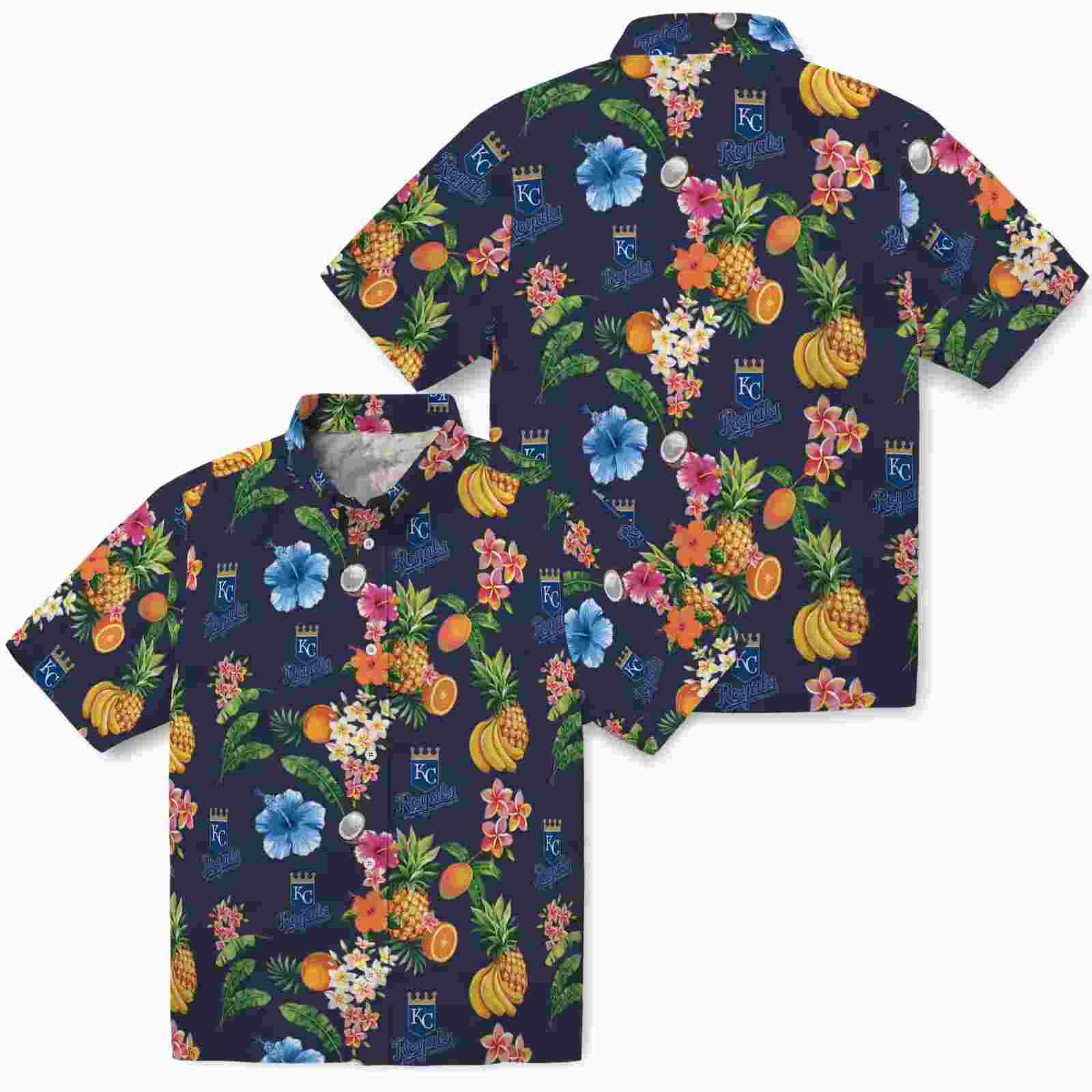 kansas city royals hibiscus and fruit navy blue hawaiian shirt high quality