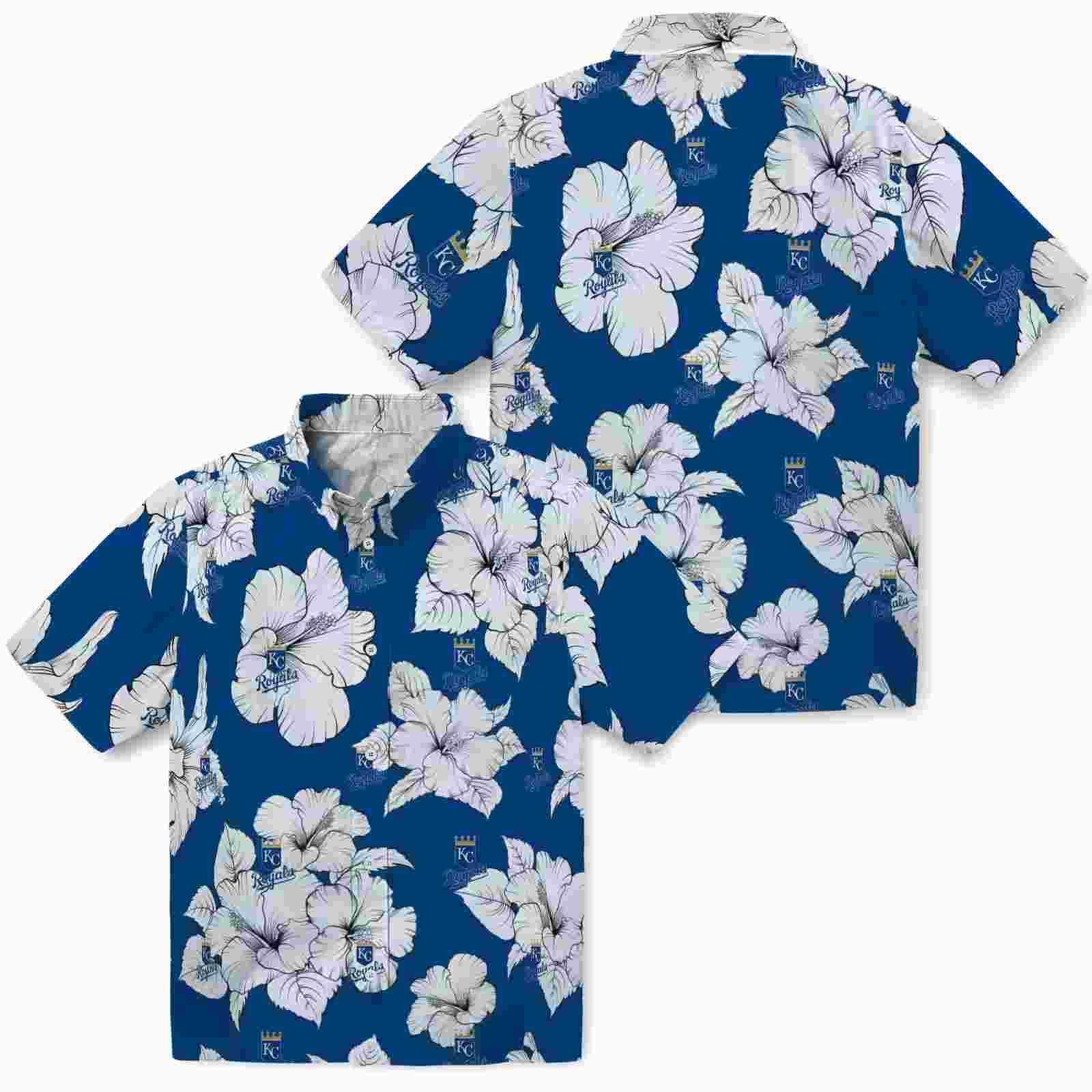 kansas city royals hibiscus blooms royal blue white hawaiian shirt high quality