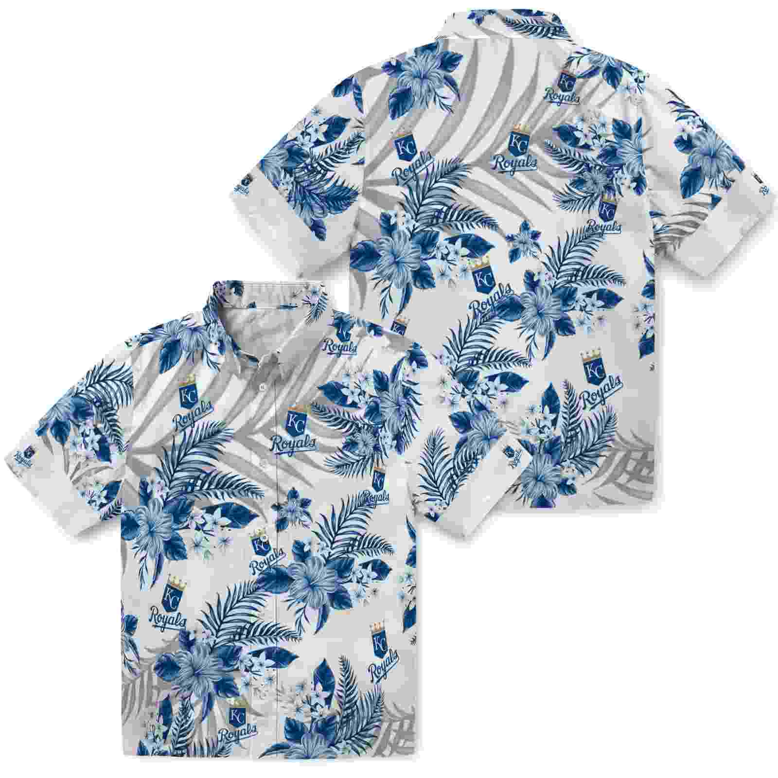 kansas city royals hibiscus palm leaves royal blue white hawaiian shirt high quality