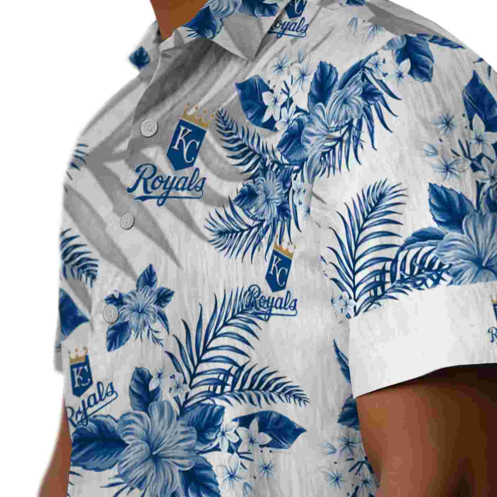 kansas city royals hibiscus palm leaves royal blue white hawaiian shirt trendy