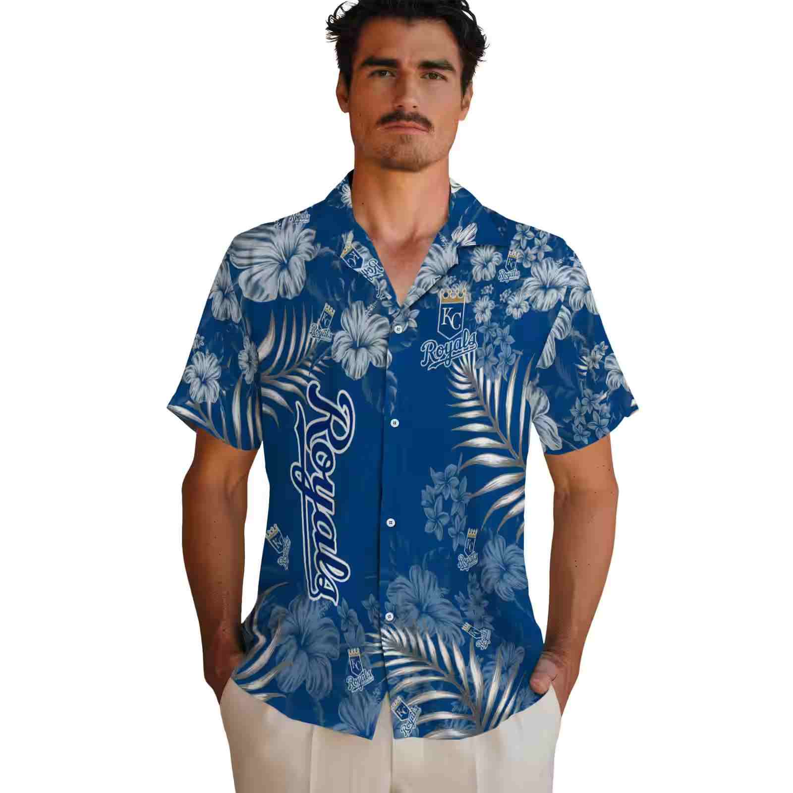 kansas city royals hibiscus print royal blue hawaiian shirt fashion forward