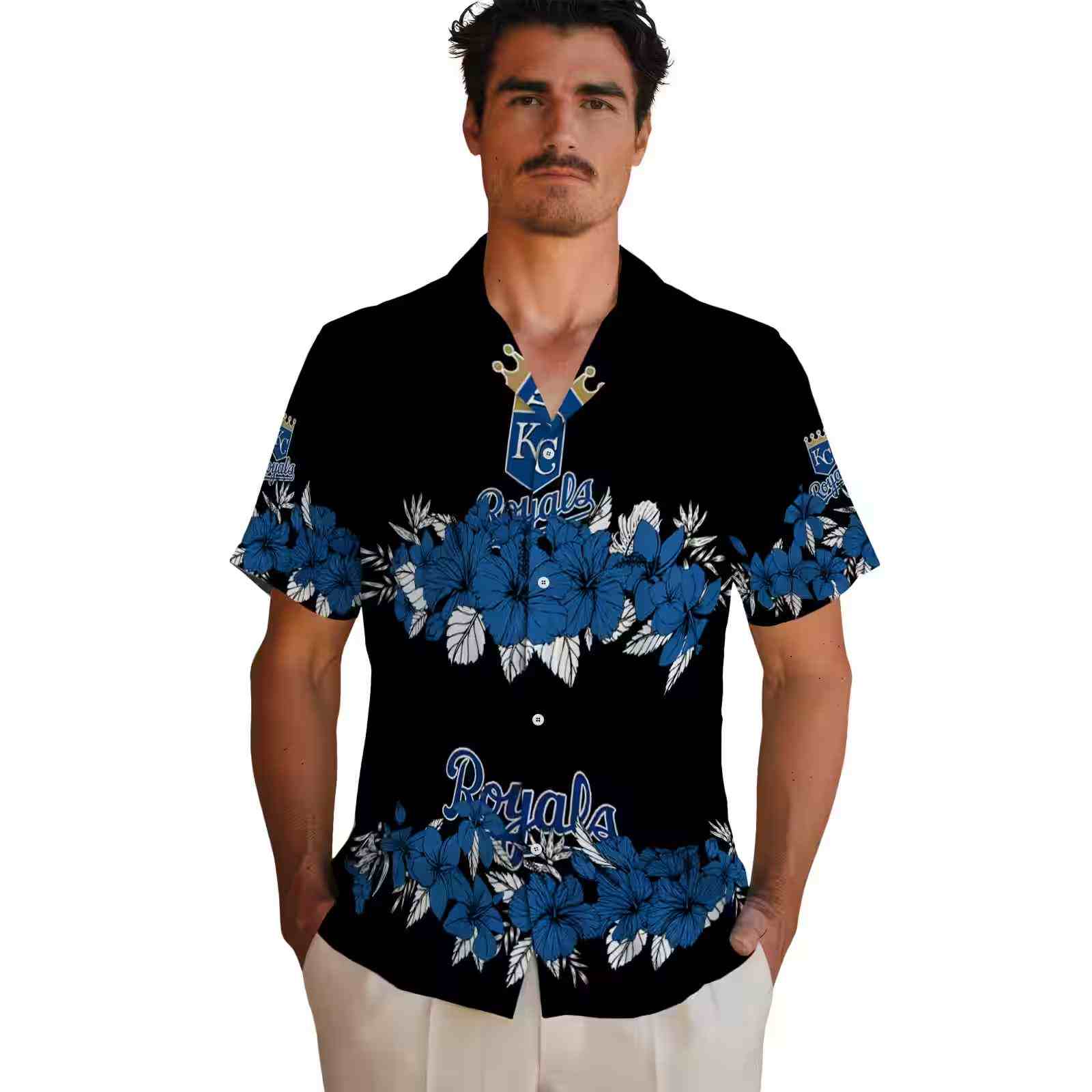 kansas city royals hibiscus stripe royal blue black hawaiian shirt fashion forward