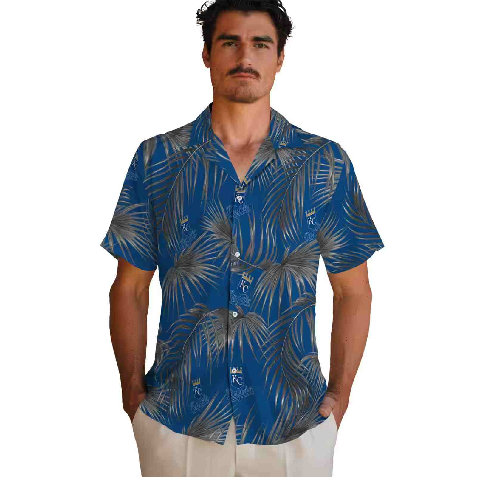 kansas city royals leafy palms royal blue hawaiian shirt fashion forward