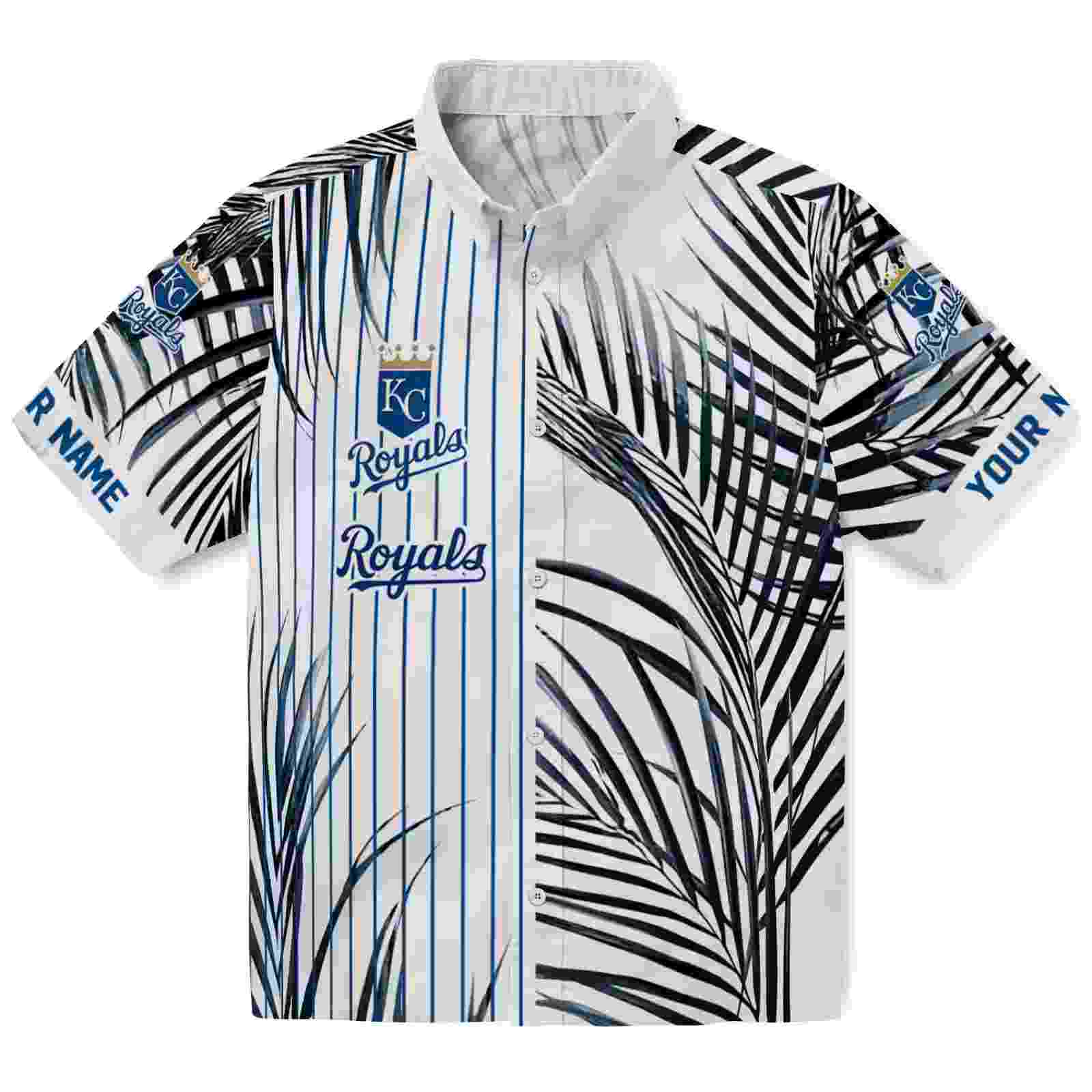 Kansas City Royals Palm Stripes Royal Blue Black White Hawaiian Shirt