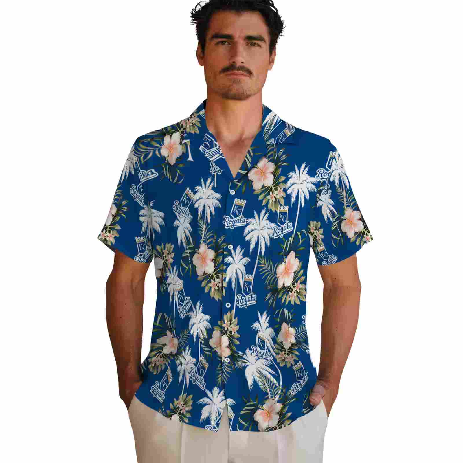 kansas city royals palm tree flower royal blue hawaiian shirt fashion forward