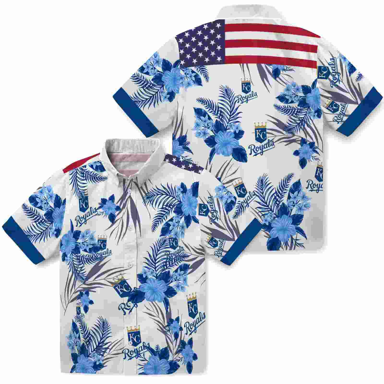 kansas city royals patriotic hibiscus design royal blue white hawaiian shirt high quality