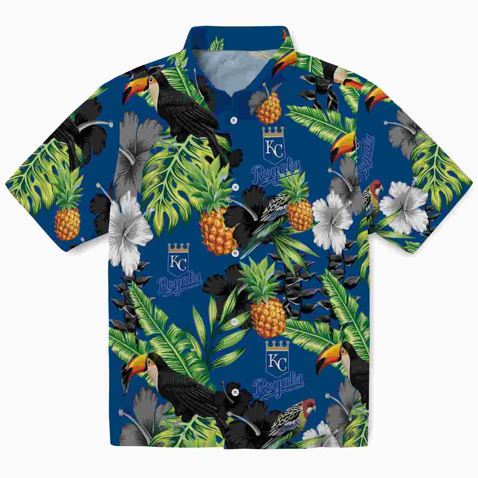 Kansas City Royals Toucan Hibiscus Pineapple Royal Blue Green Hawaiian Shirt