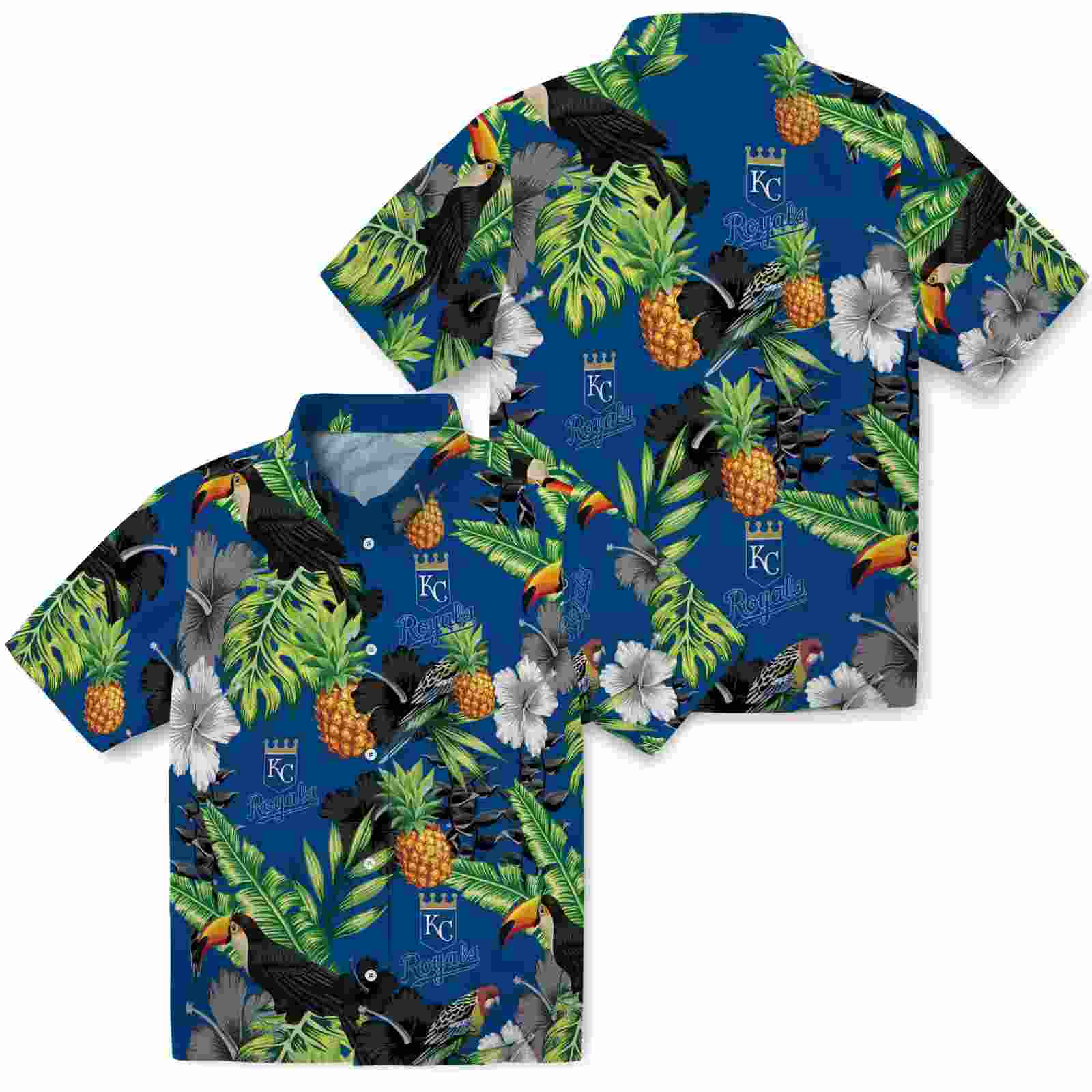 kansas city royals toucan hibiscus pineapple royal blue green hawaiian shirt high quality