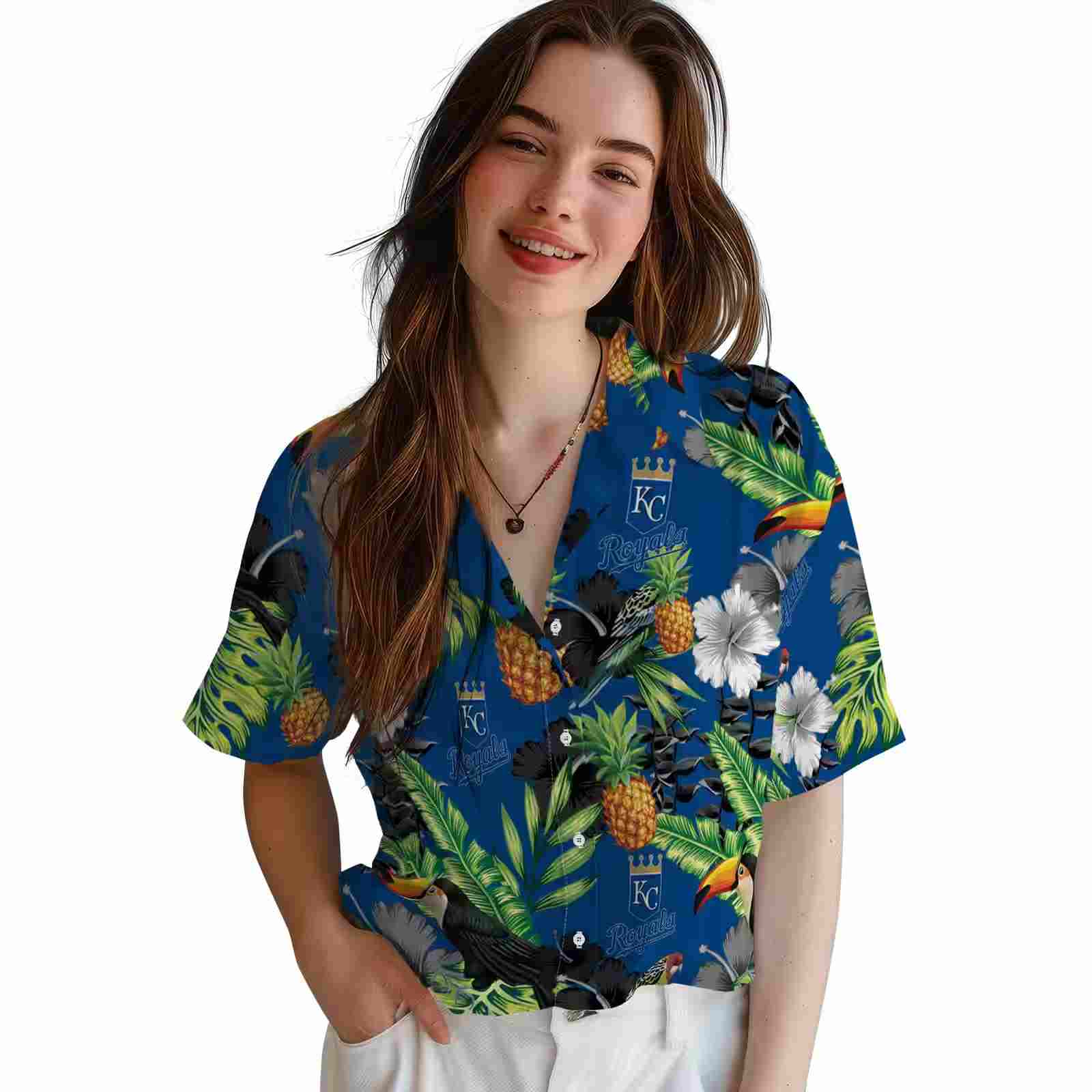 kansas city royals toucan hibiscus pineapple royal blue green hawaiian shirt latest model