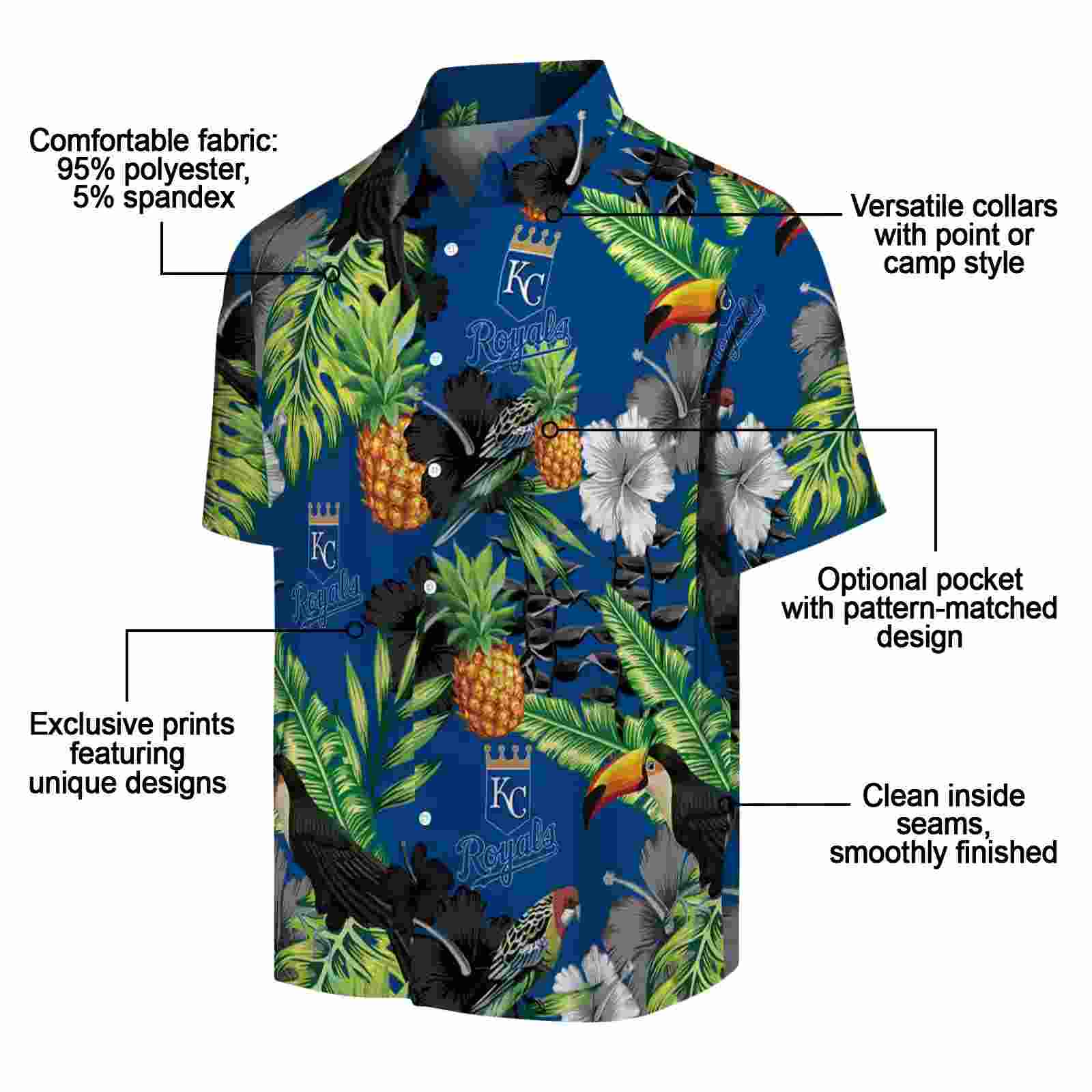 kansas city royals toucan hibiscus pineapple royal blue green hawaiian shirt new arrival