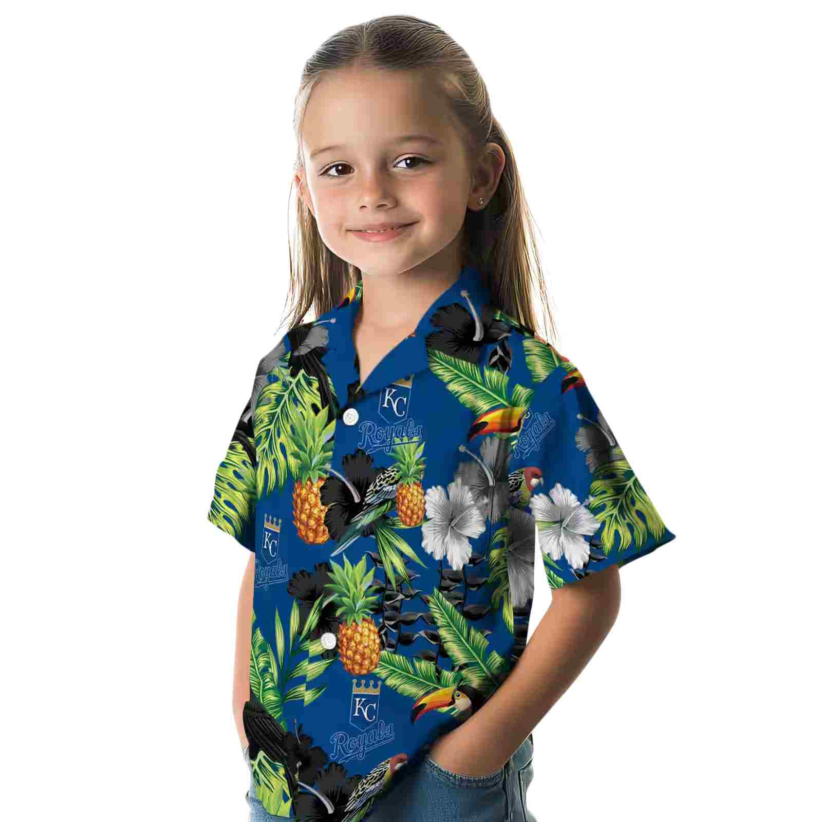 kansas city royals toucan hibiscus pineapple royal blue green hawaiian shirt premium grade