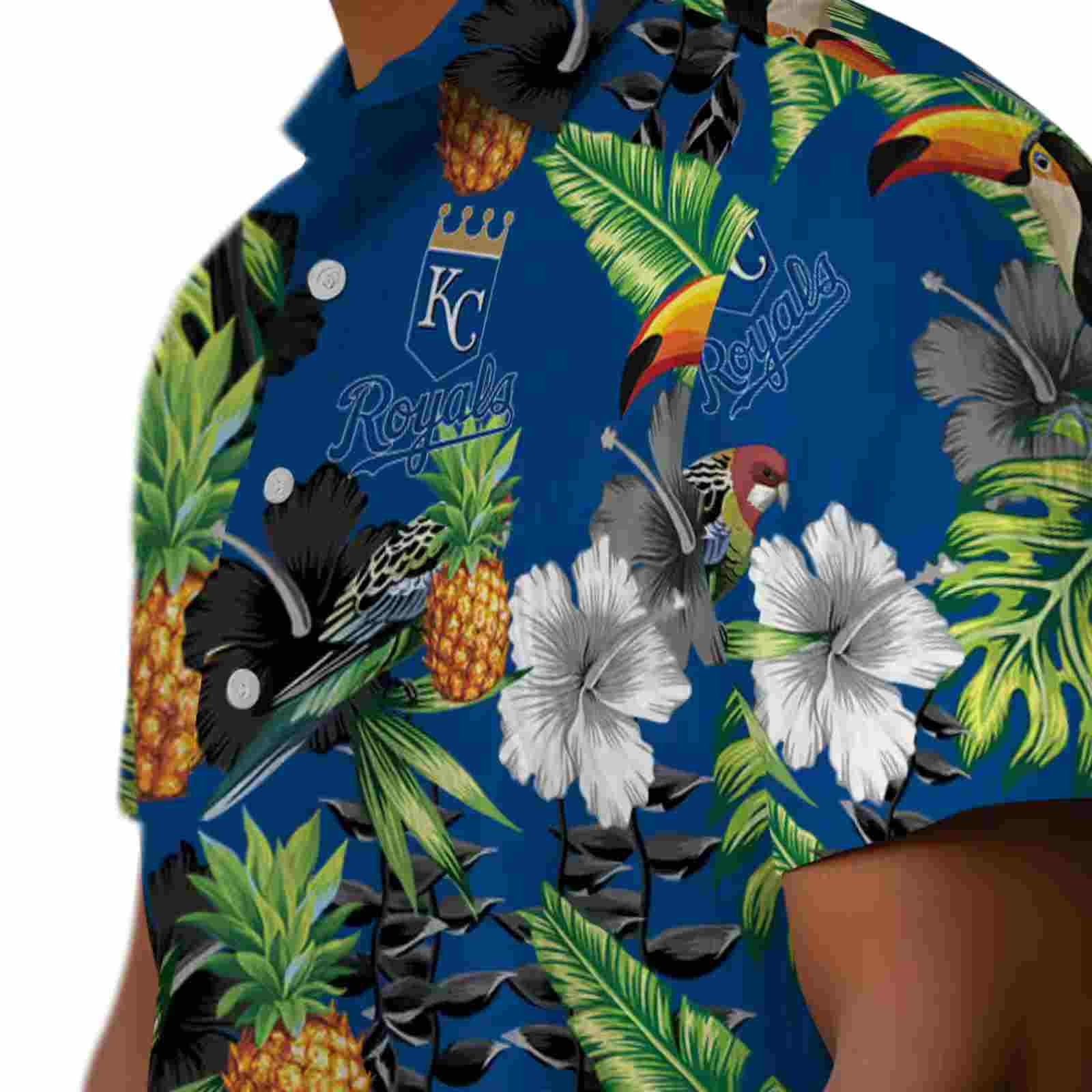 kansas city royals toucan hibiscus pineapple royal blue green hawaiian shirt trendy