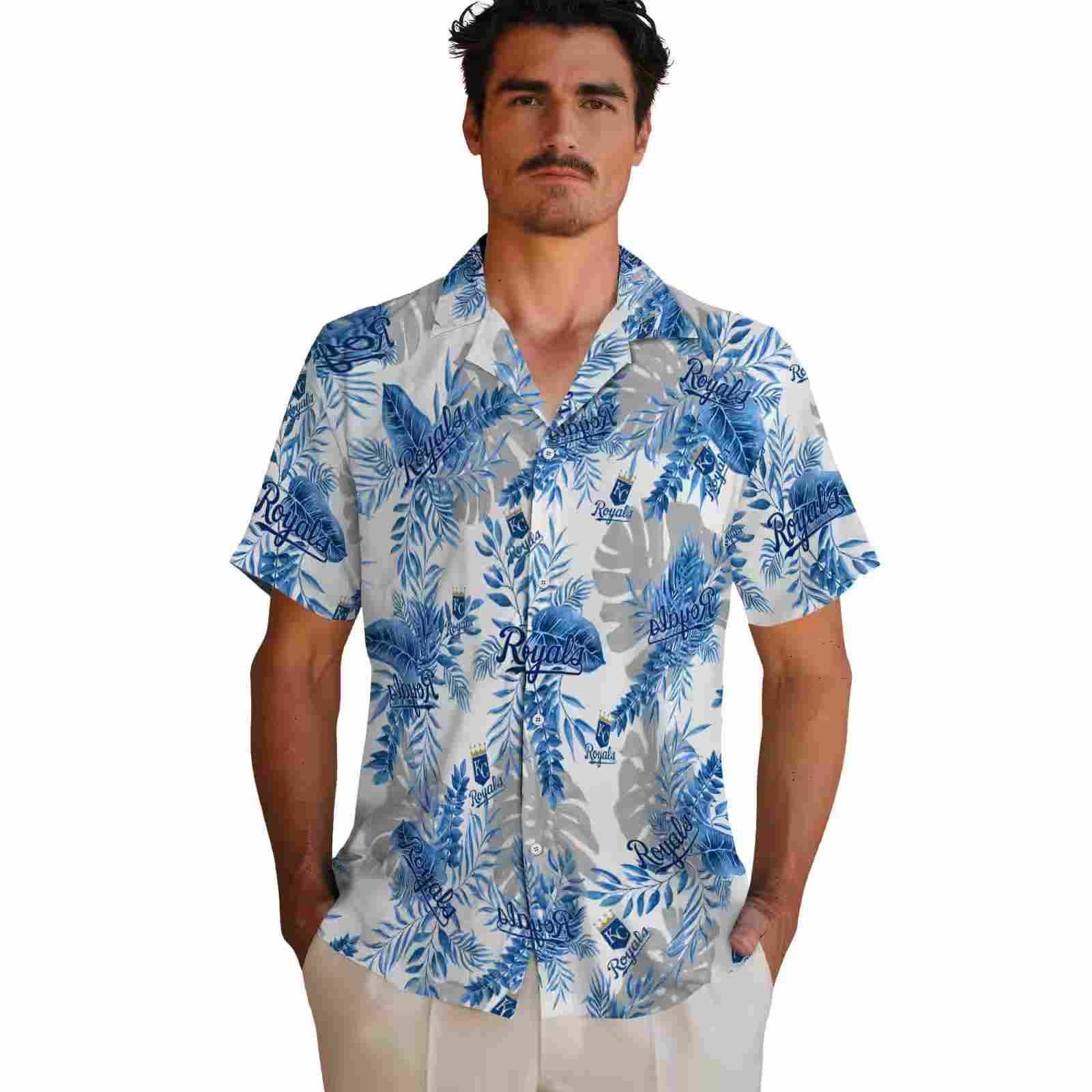 kansas city royals tropical leaves royal blue white hawaiian shirt fashion forward