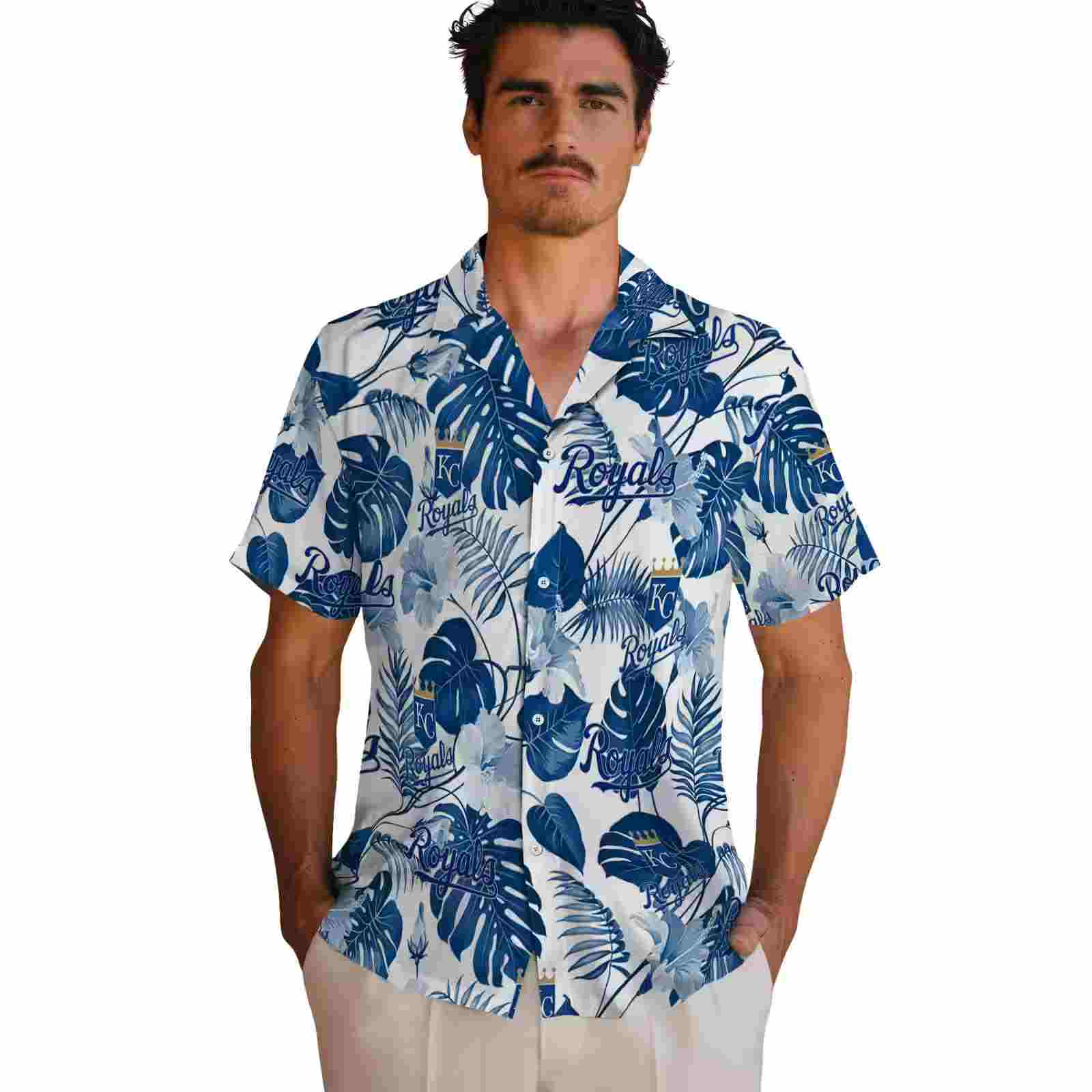 kansas city royals tropical plants royal blue white hawaiian shirt fashion forward