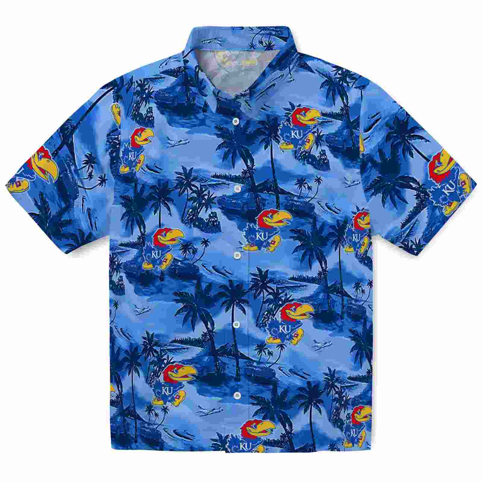 Kansas Jayhawks Coastal Palms Blue Hawaiian Shirt