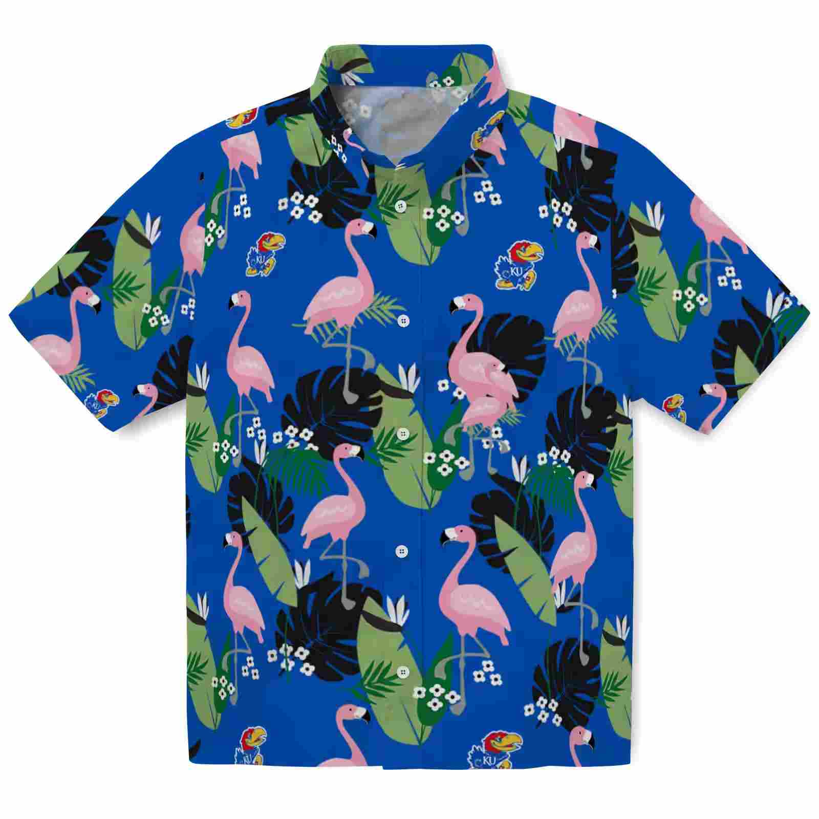 Kansas Jayhawks Flamingo Leaf Motif Blue Hawaiian Shirt