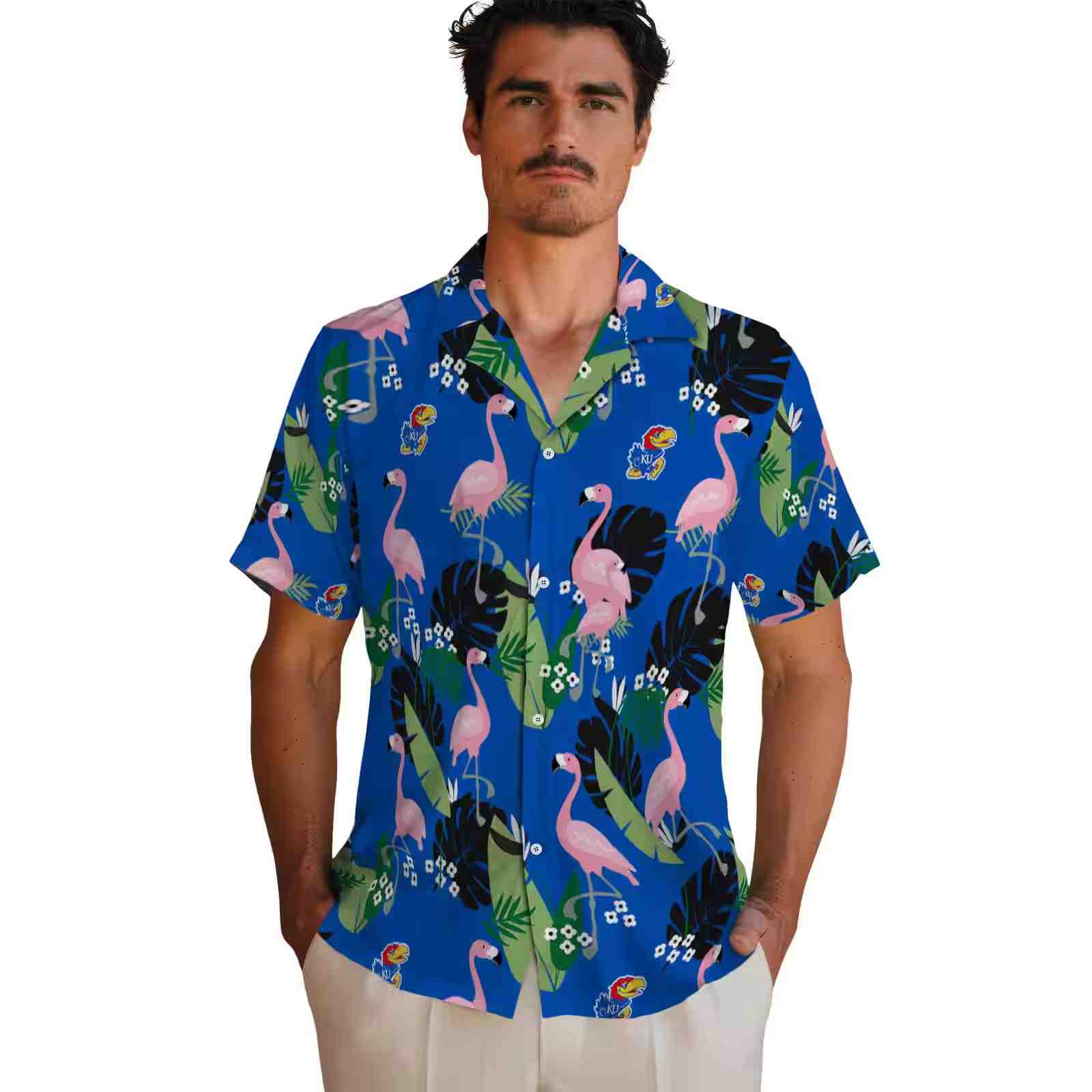 kansas jayhawks flamingo leaf motif blue hawaiian shirt fashion forward