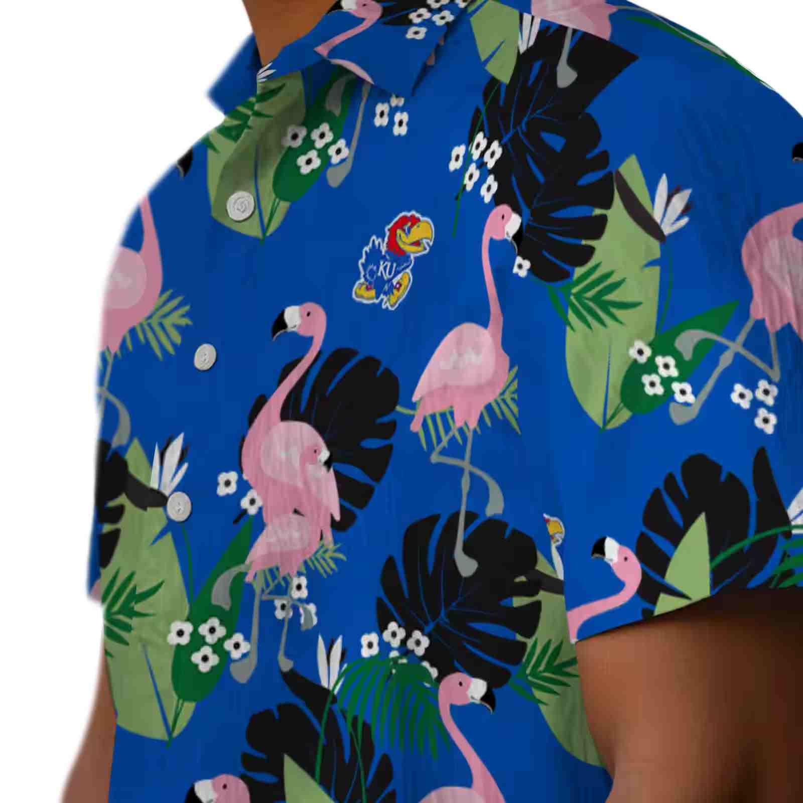 kansas jayhawks flamingo leaf motif blue hawaiian shirt trendy