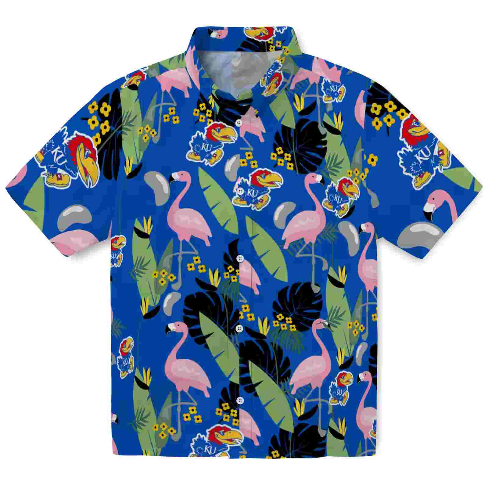 Kansas Jayhawks Flamingo Leaves Blue Hawaiian Shirt