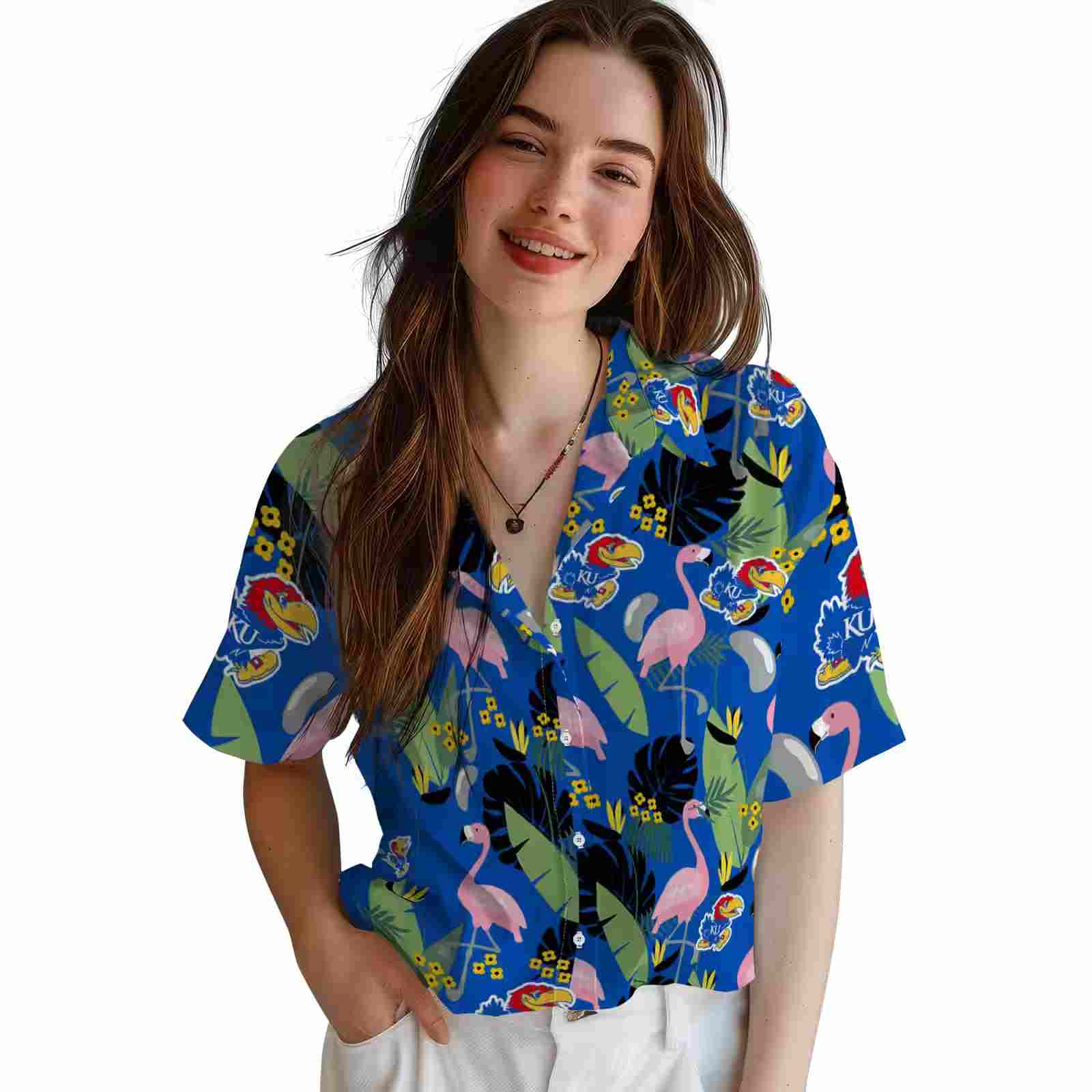 kansas jayhawks flamingo leaves blue hawaiian shirt latest model