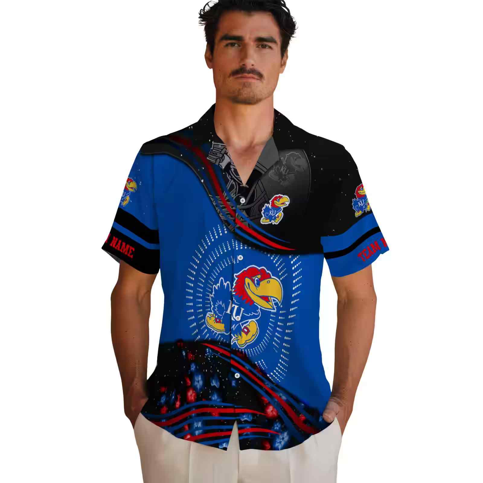 kansas jayhawks football wave blue black hawaiian shirt fashion forward