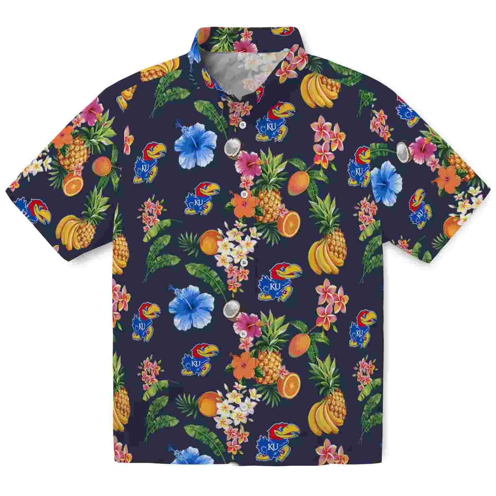 Kansas Jayhawks Hibiscus And Fruit Navy Blue Hawaiian Shirt