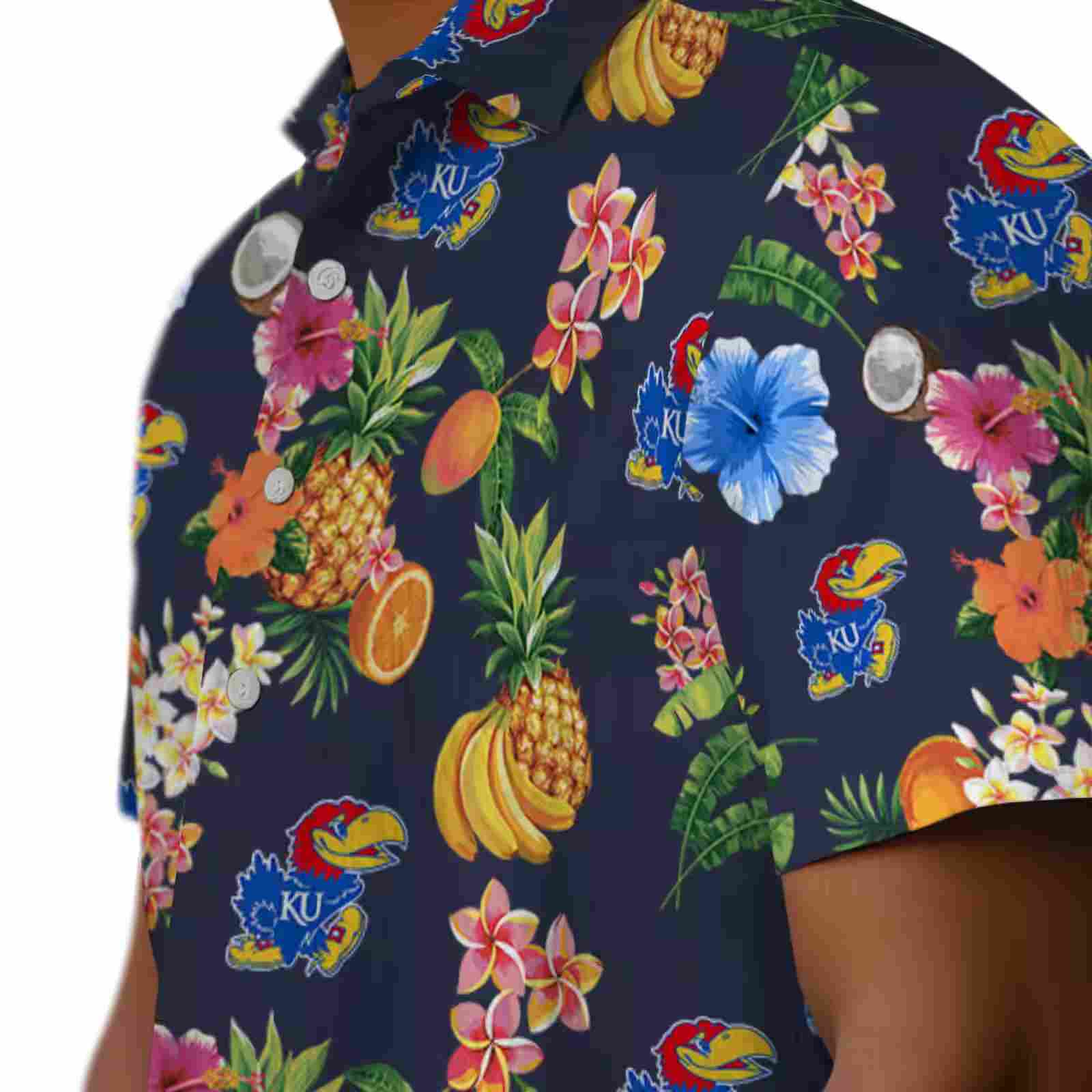 kansas jayhawks hibiscus and fruit navy blue hawaiian shirt trendy