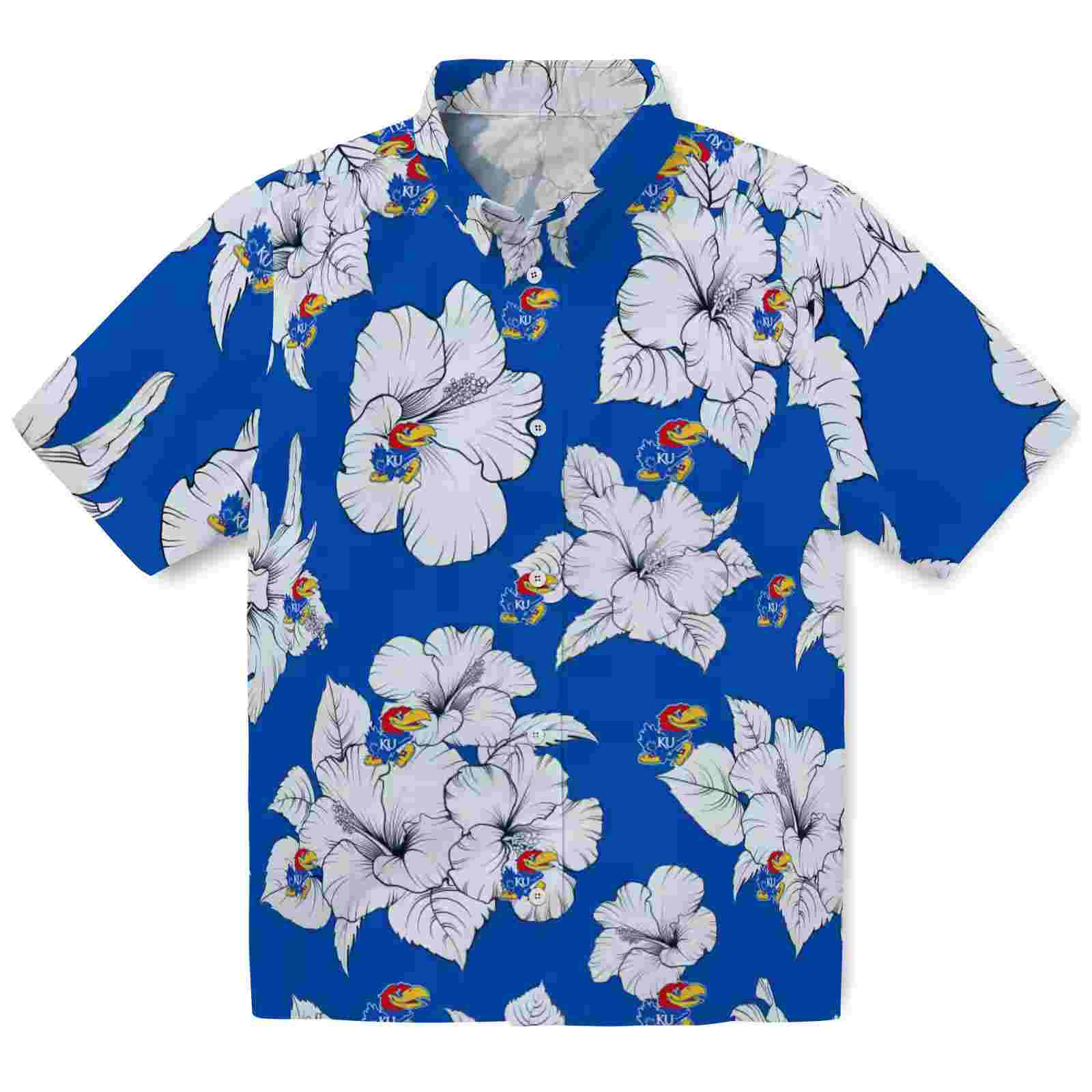 Kansas Jayhawks Hibiscus Blooms Blue White Hawaiian Shirt