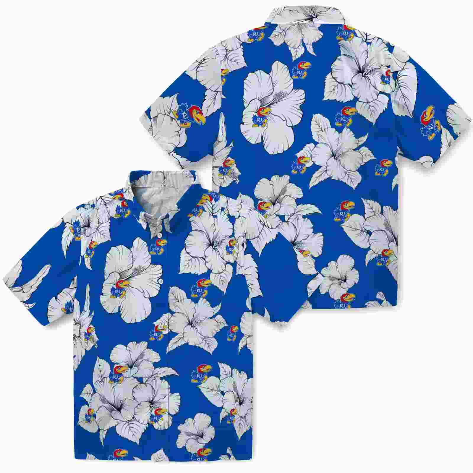 kansas jayhawks hibiscus blooms blue white hawaiian shirt high quality