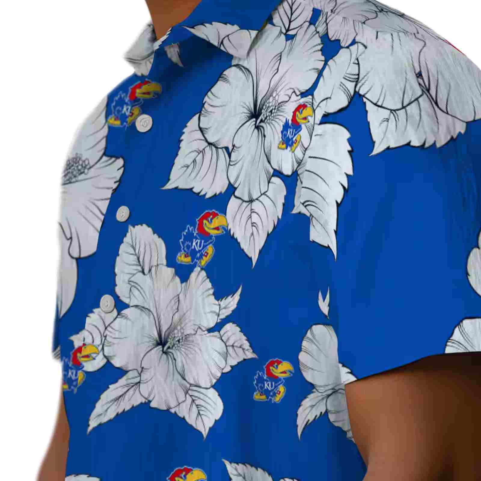 kansas jayhawks hibiscus blooms blue white hawaiian shirt trendy