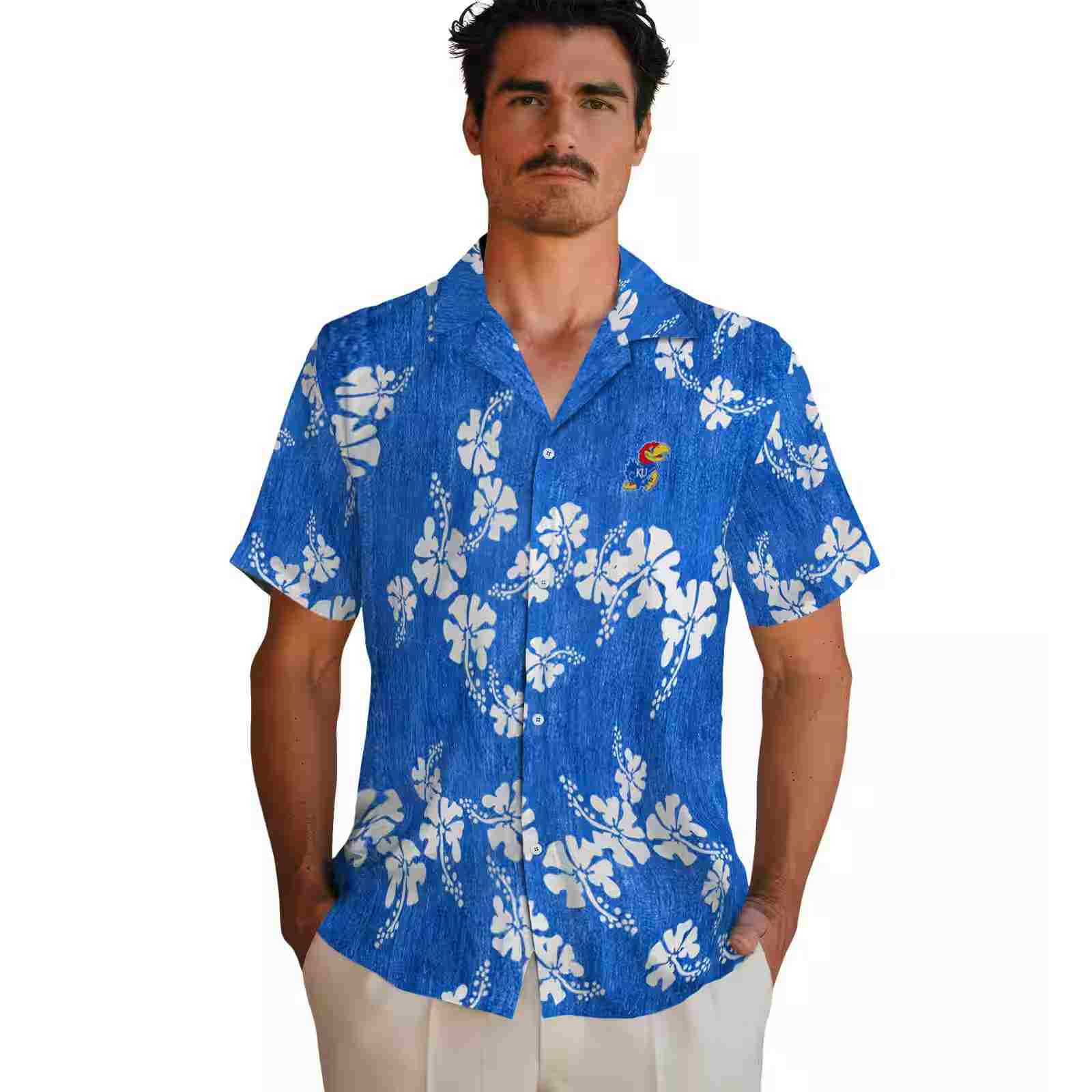 kansas jayhawks hibiscus clusters blue hawaiian shirt fashion forward