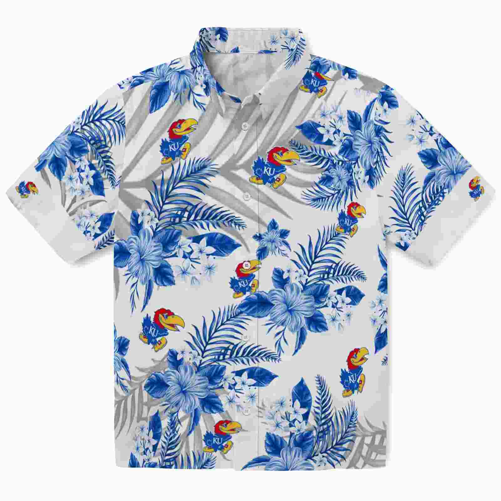 Kansas Jayhawks Hibiscus Palm Leaves Blue White Hawaiian Shirt