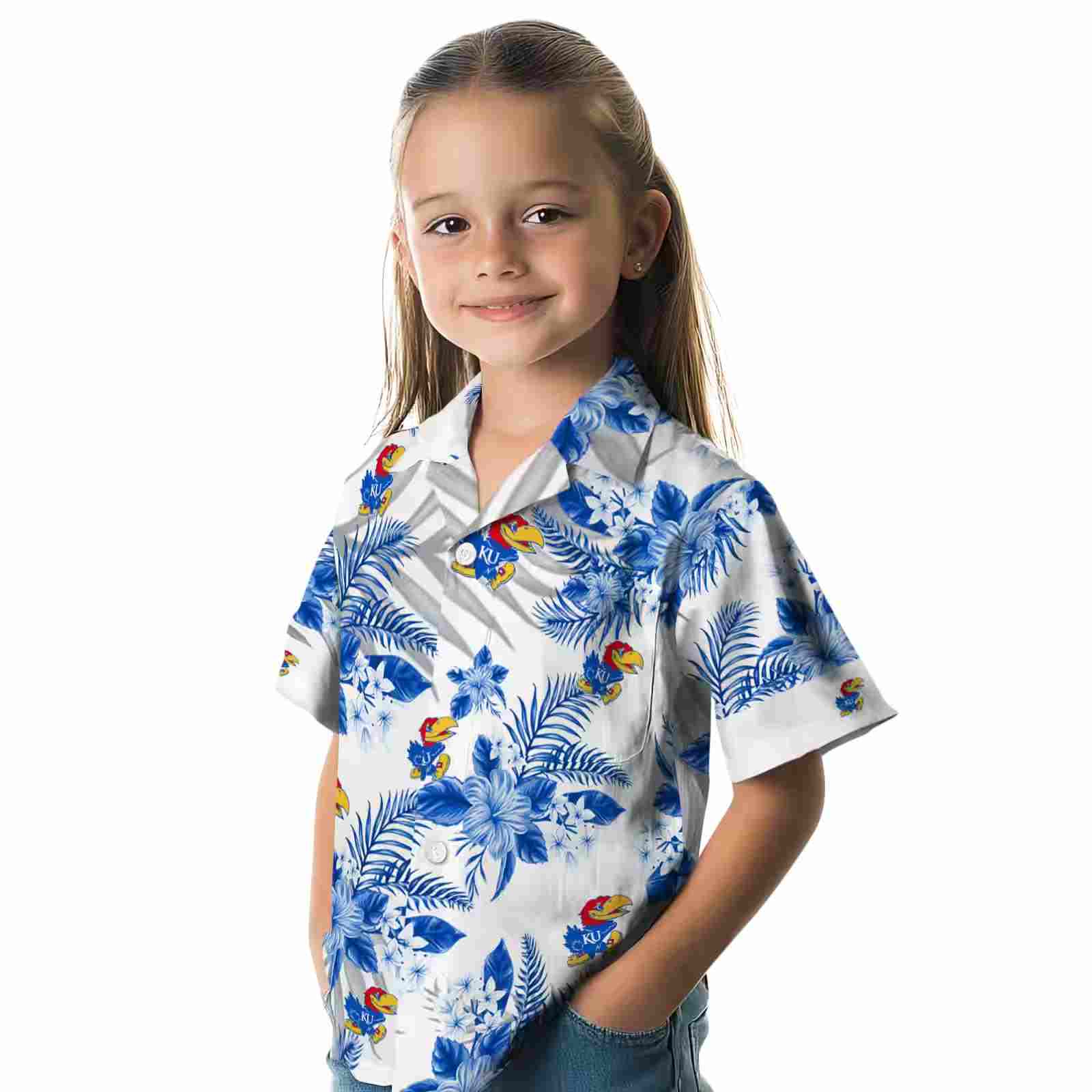 kansas jayhawks hibiscus palm leaves blue white hawaiian shirt premium grade