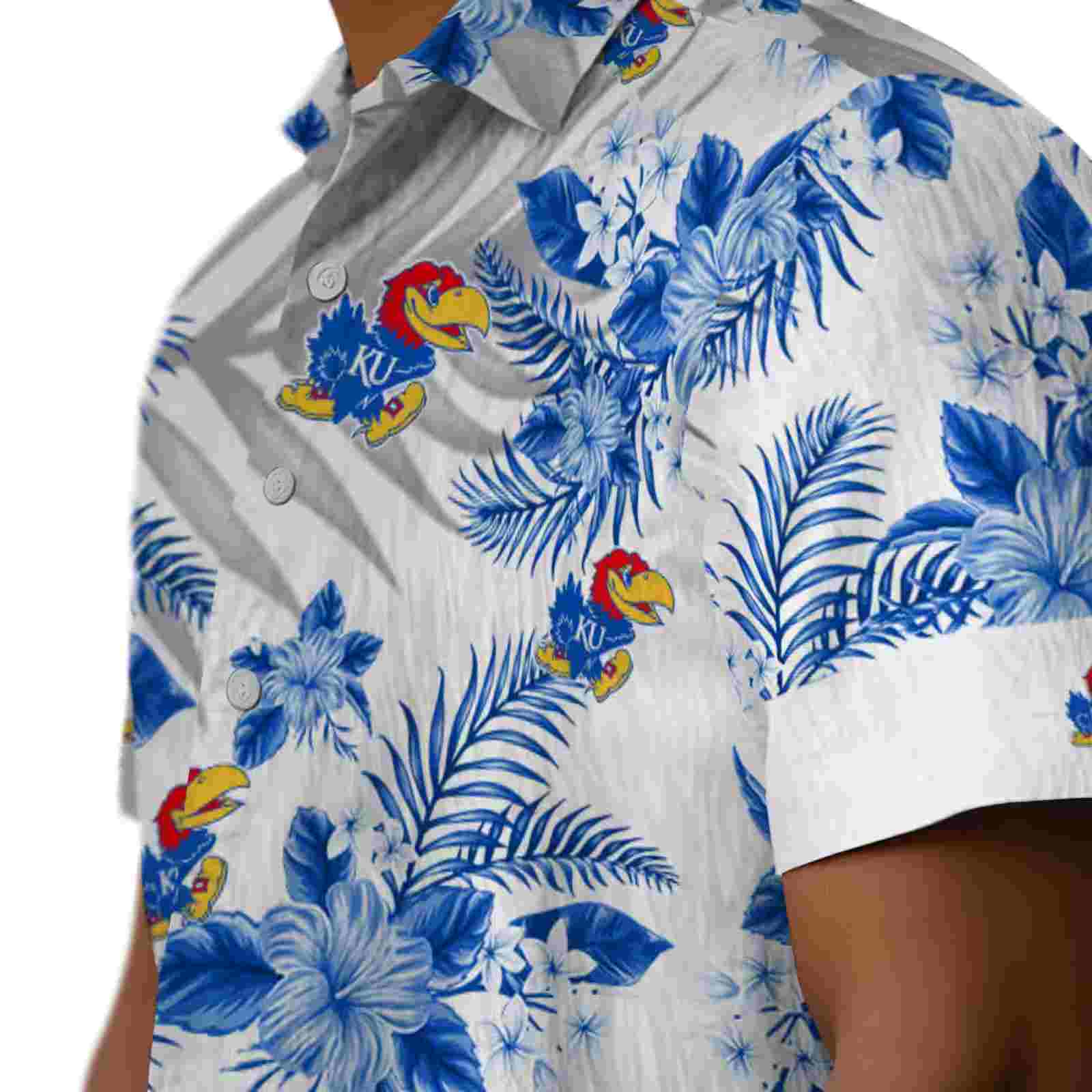 kansas jayhawks hibiscus palm leaves blue white hawaiian shirt trendy