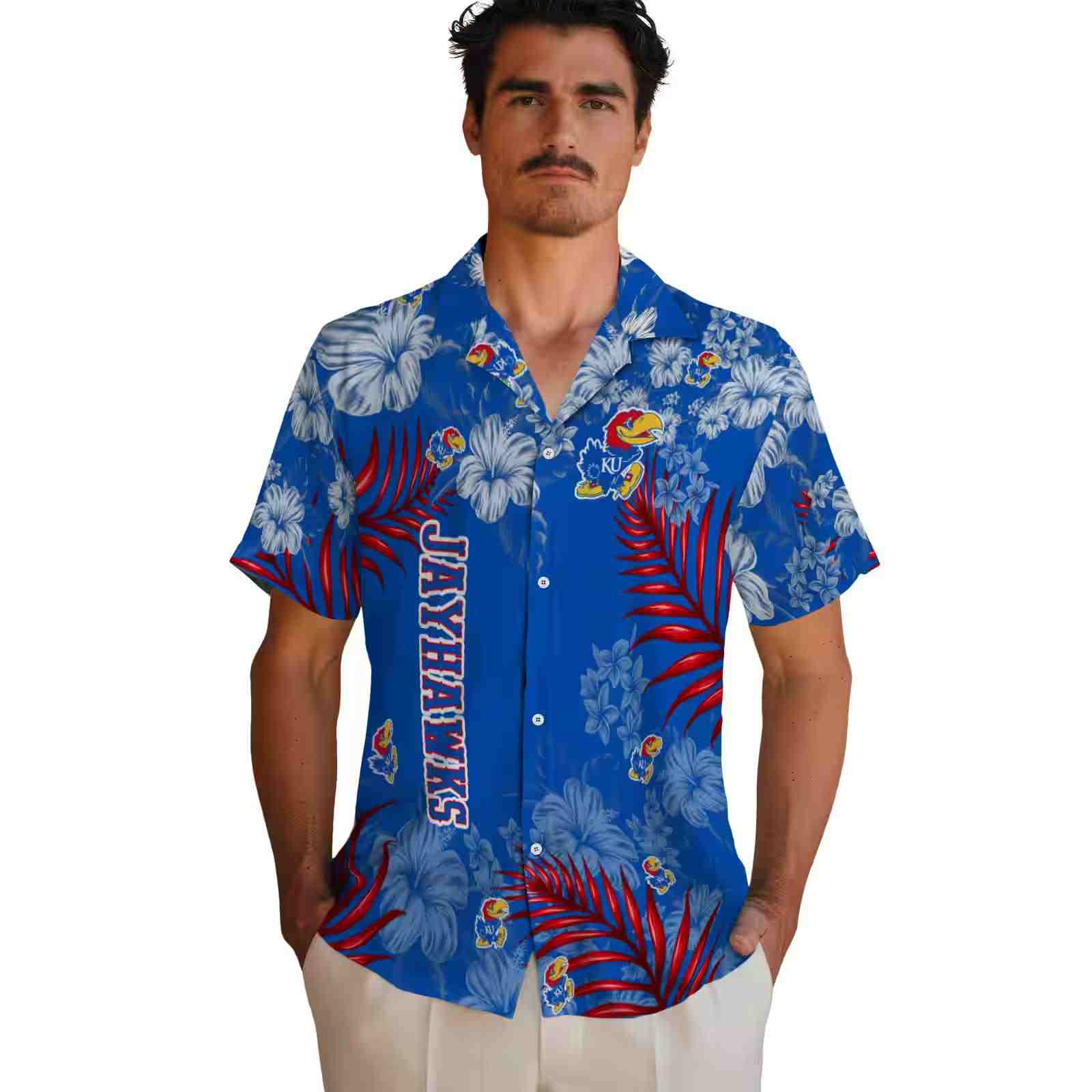 kansas jayhawks hibiscus print blue hawaiian shirt fashion forward