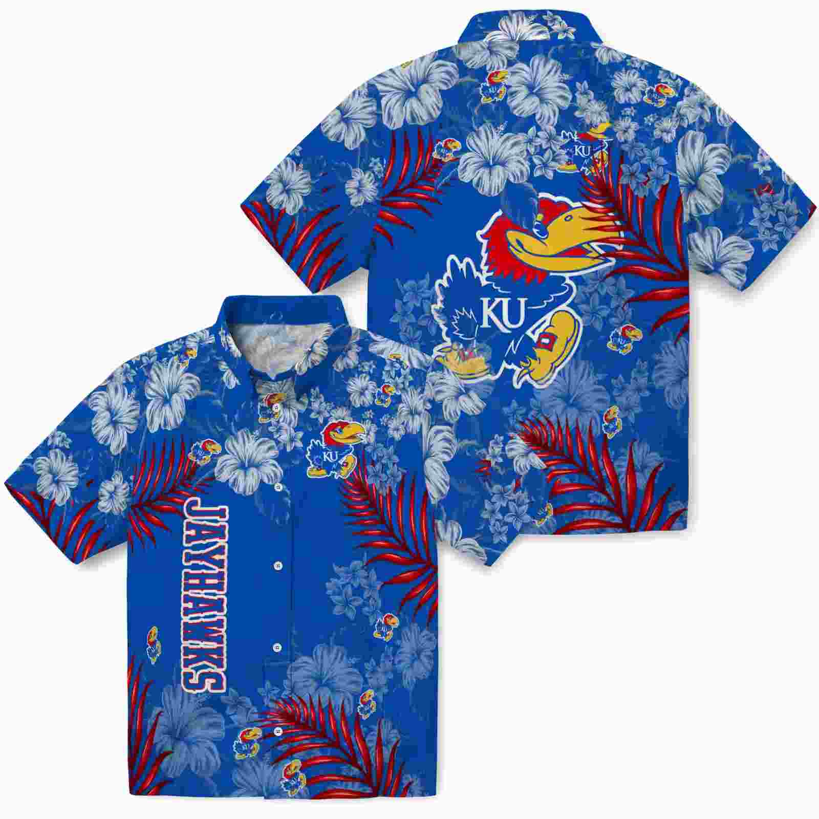 kansas jayhawks hibiscus print blue hawaiian shirt high quality