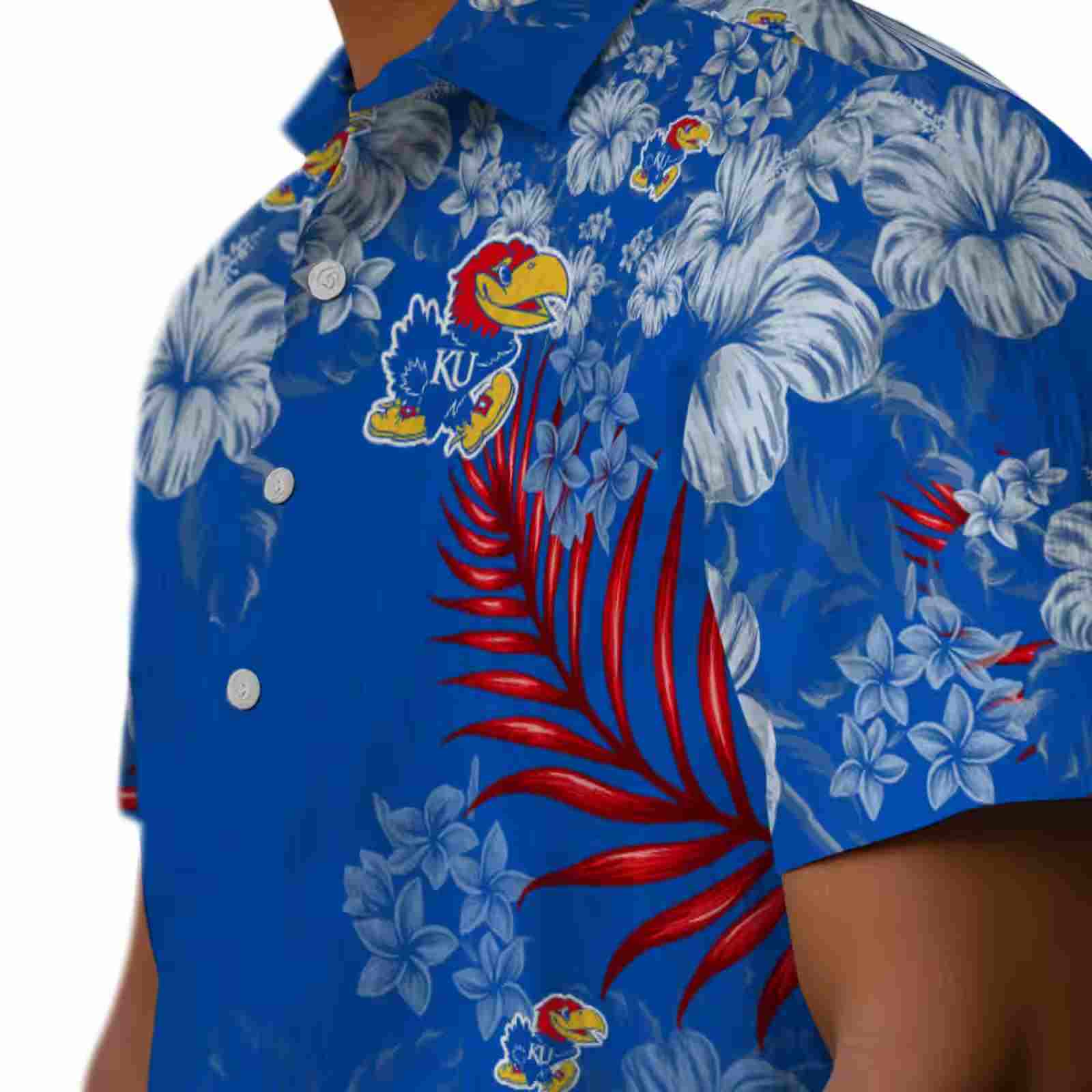 kansas jayhawks hibiscus print blue hawaiian shirt trendy