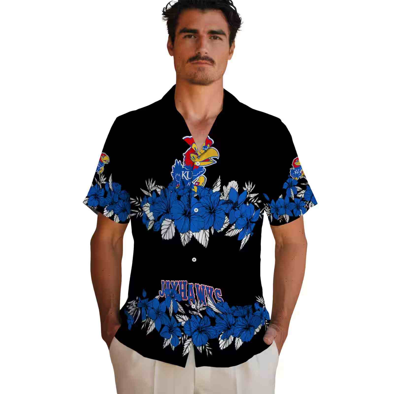 kansas jayhawks hibiscus stripe blue black hawaiian shirt fashion forward