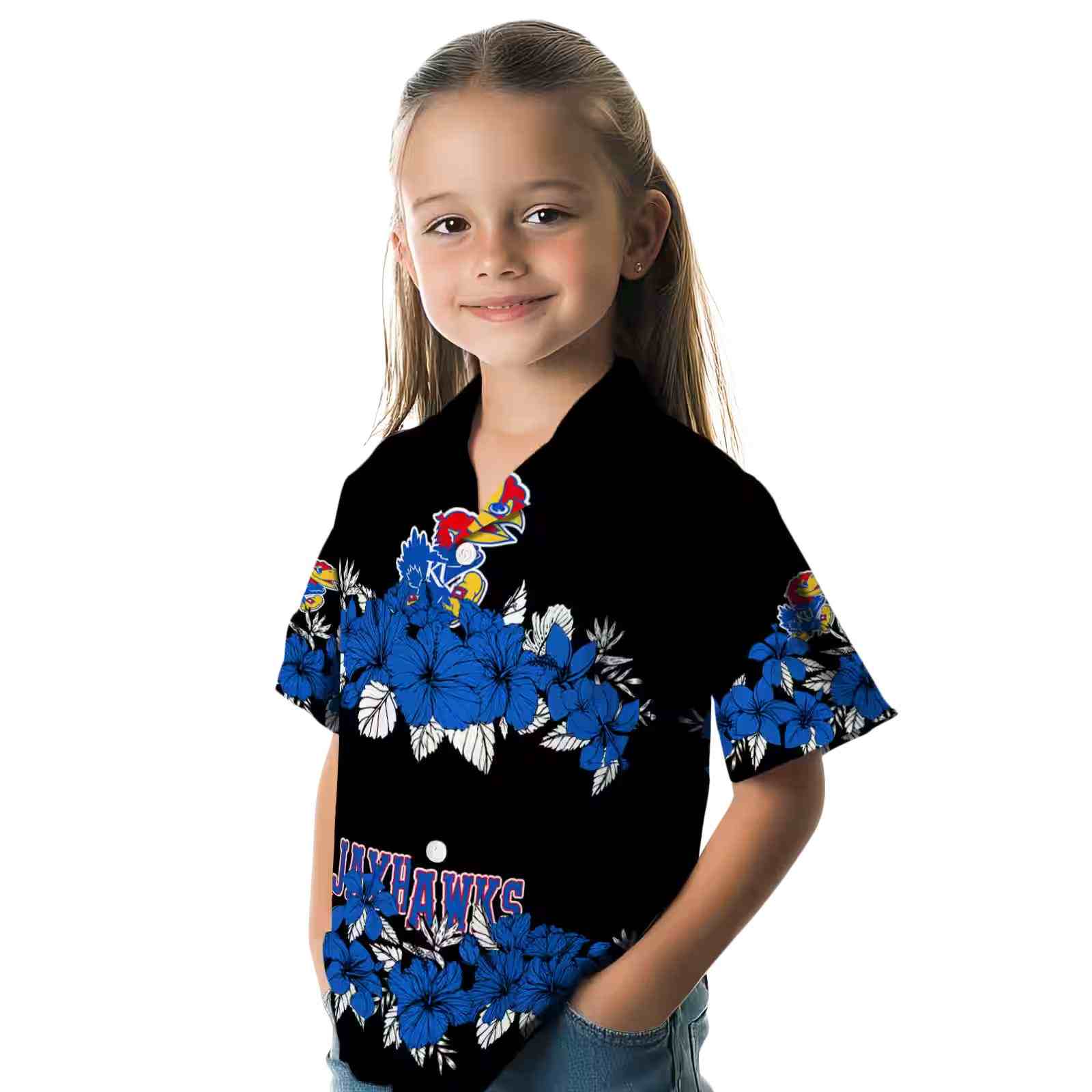 kansas jayhawks hibiscus stripe blue black hawaiian shirt premium grade