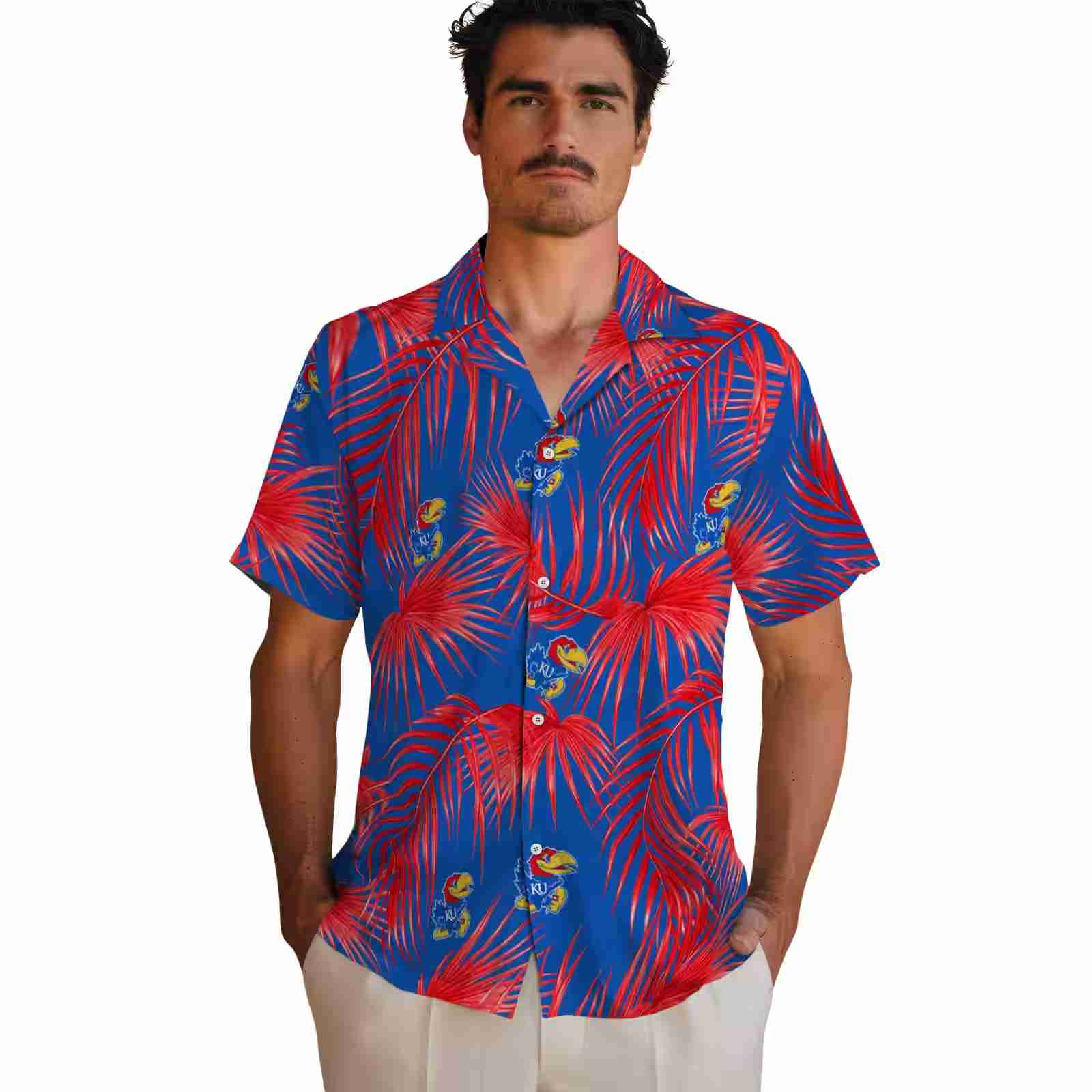 kansas jayhawks leafy palms blue hawaiian shirt fashion forward